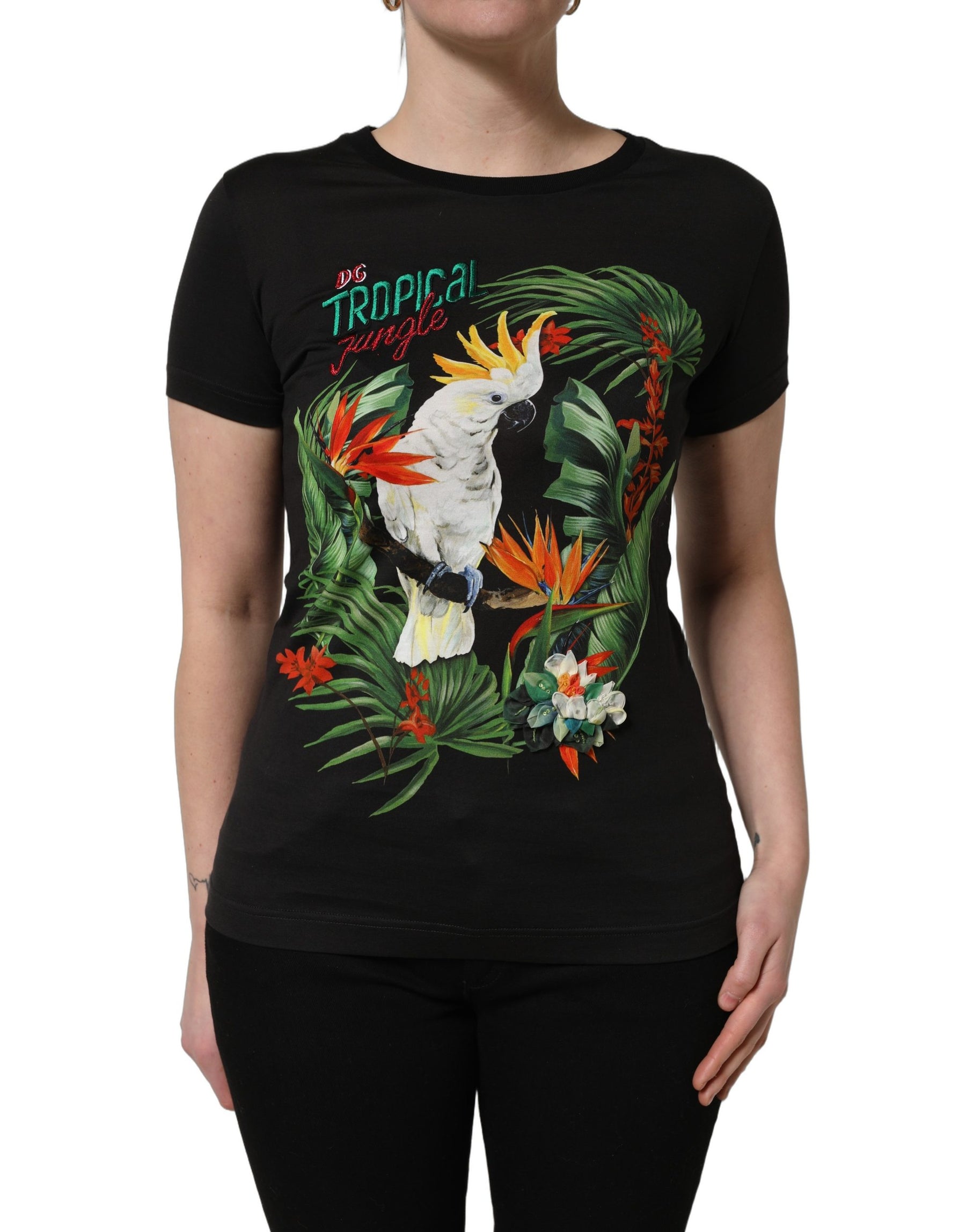 Dolce & Gabbana Black Tropical Print Cotton Round Neck T-Shirt | Regal Royce