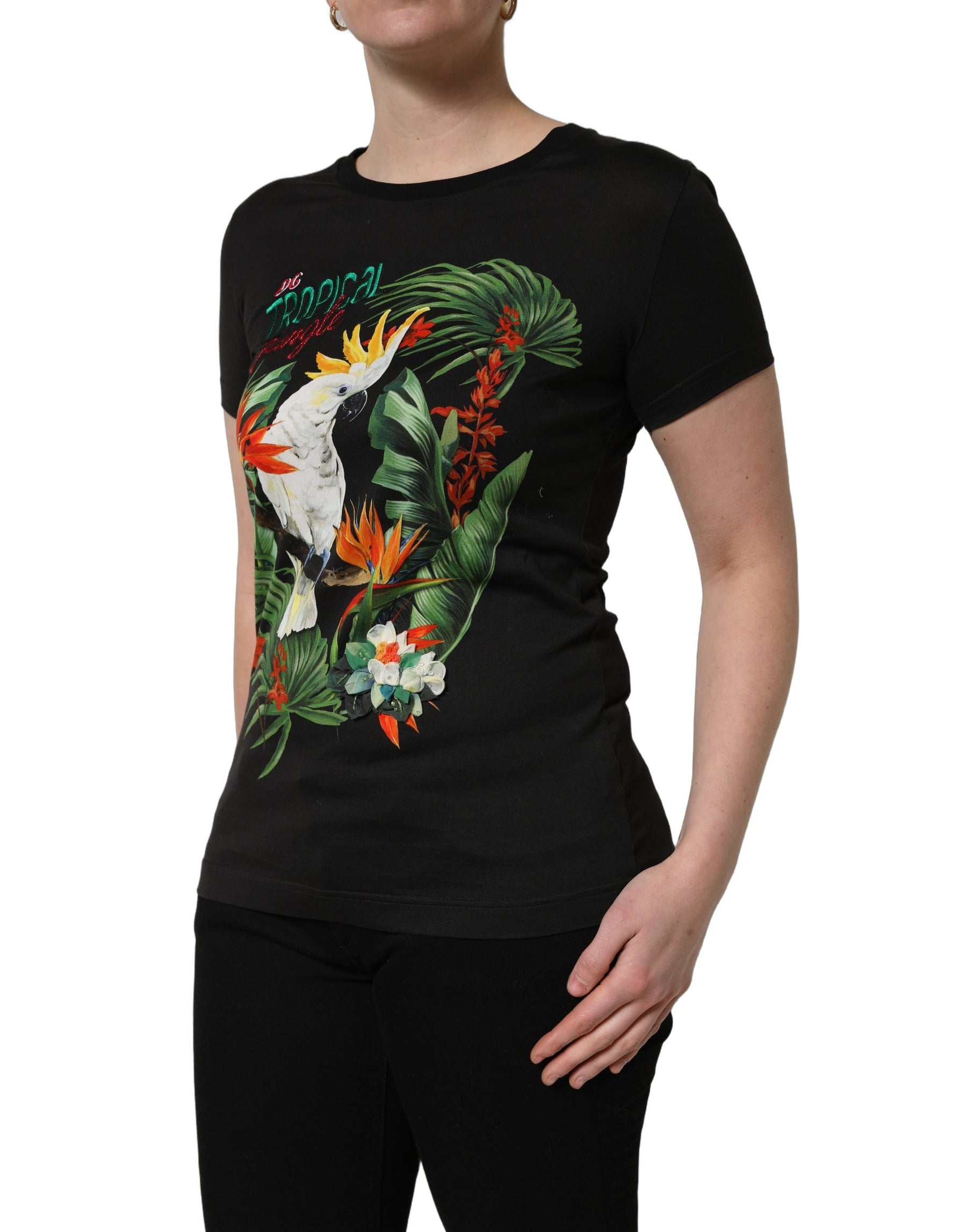 Dolce & Gabbana Black Tropical Print Cotton Round Neck T-Shirt | Regal Royce