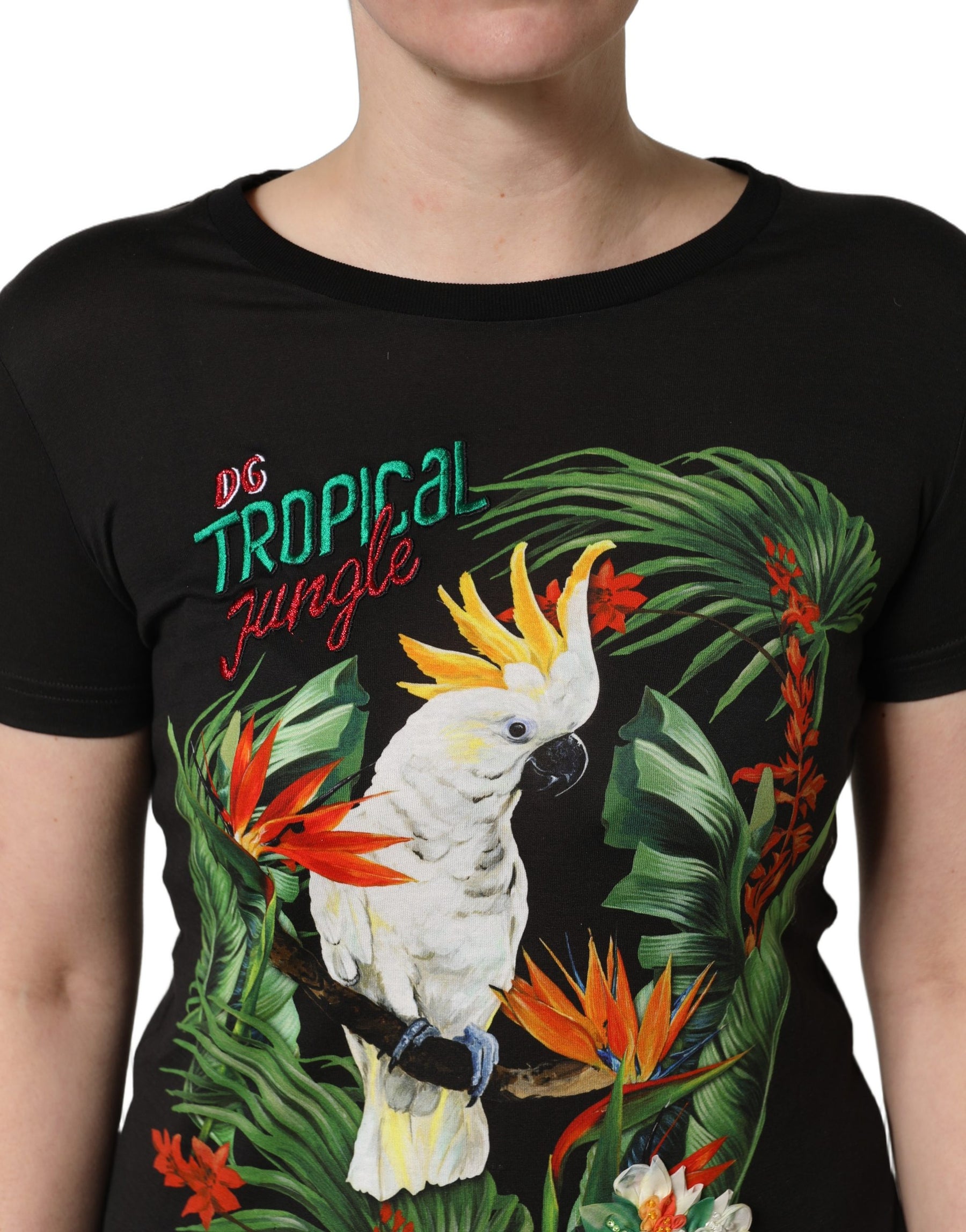 Dolce & Gabbana Black Tropical Print Cotton Round Neck T-Shirt | Regal Royce