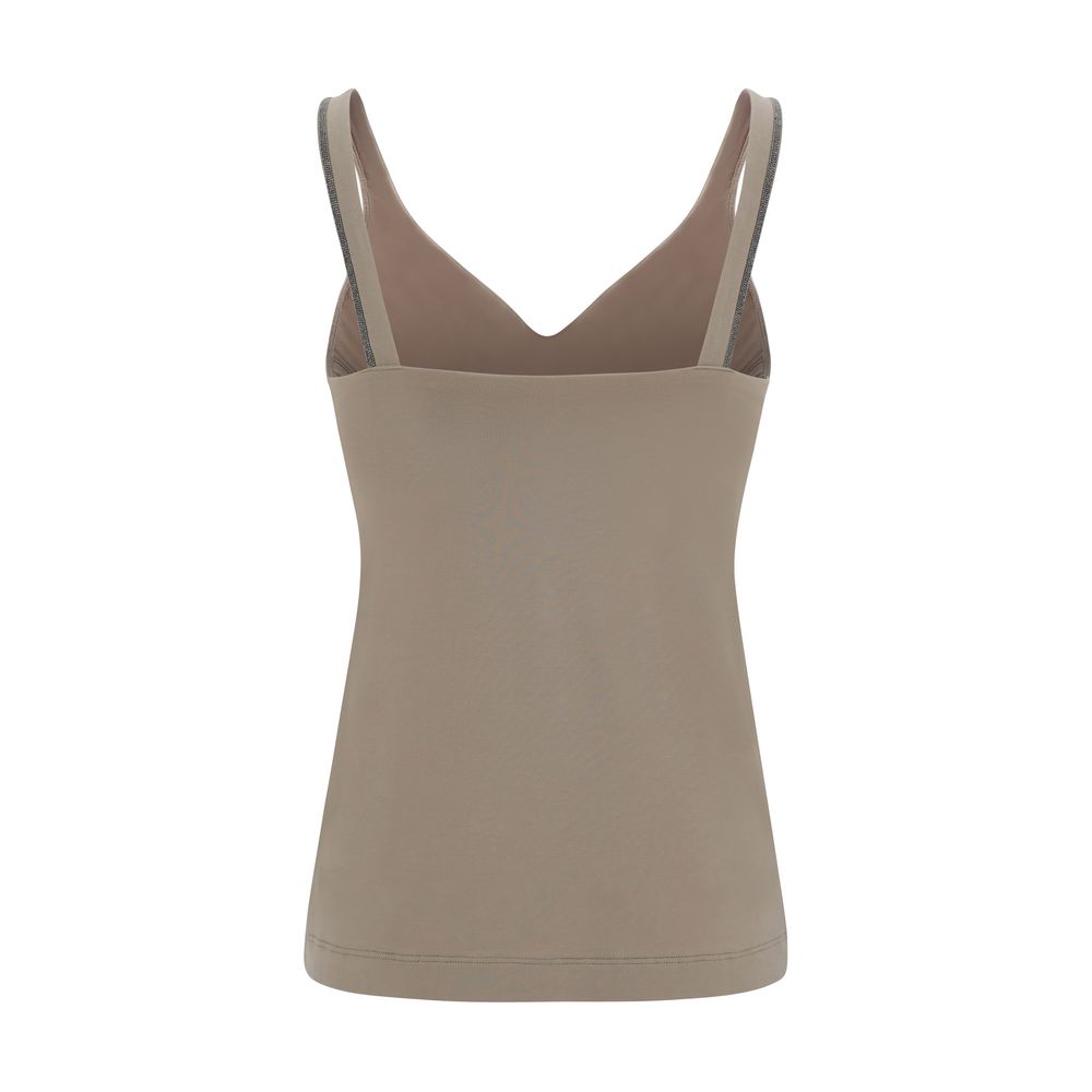 Brunello Cucinelli Beige Cotton Sleeveles T-Shirt | Regal Royce