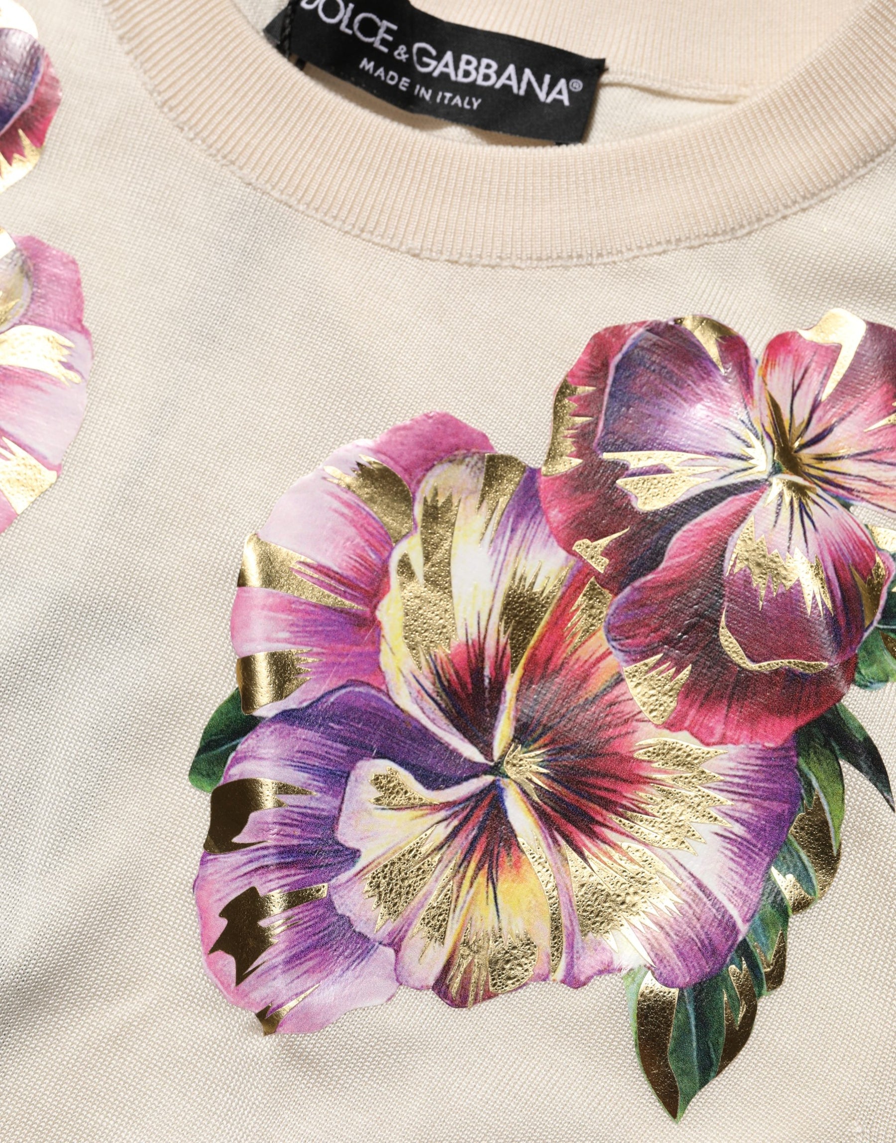 Dolce & Gabbana Beige Floral Print Silk CrewNeck Pullover Top | Regal Royce