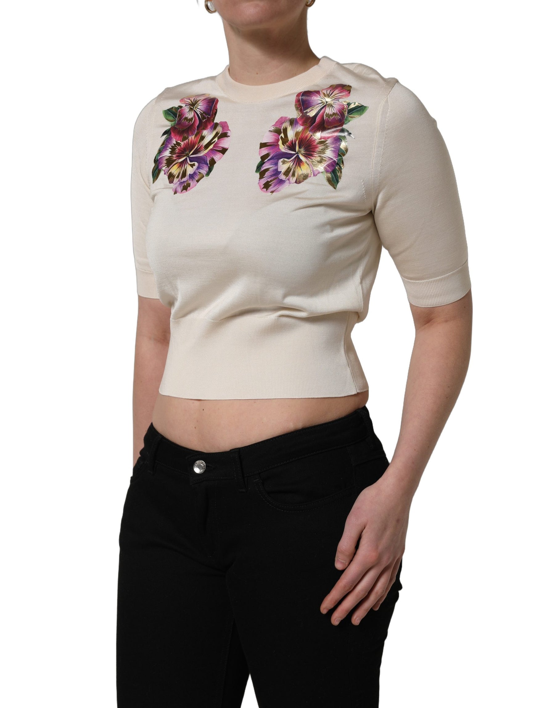 Dolce & Gabbana Beige Floral Print Silk CrewNeck Pullover Top | Regal Royce