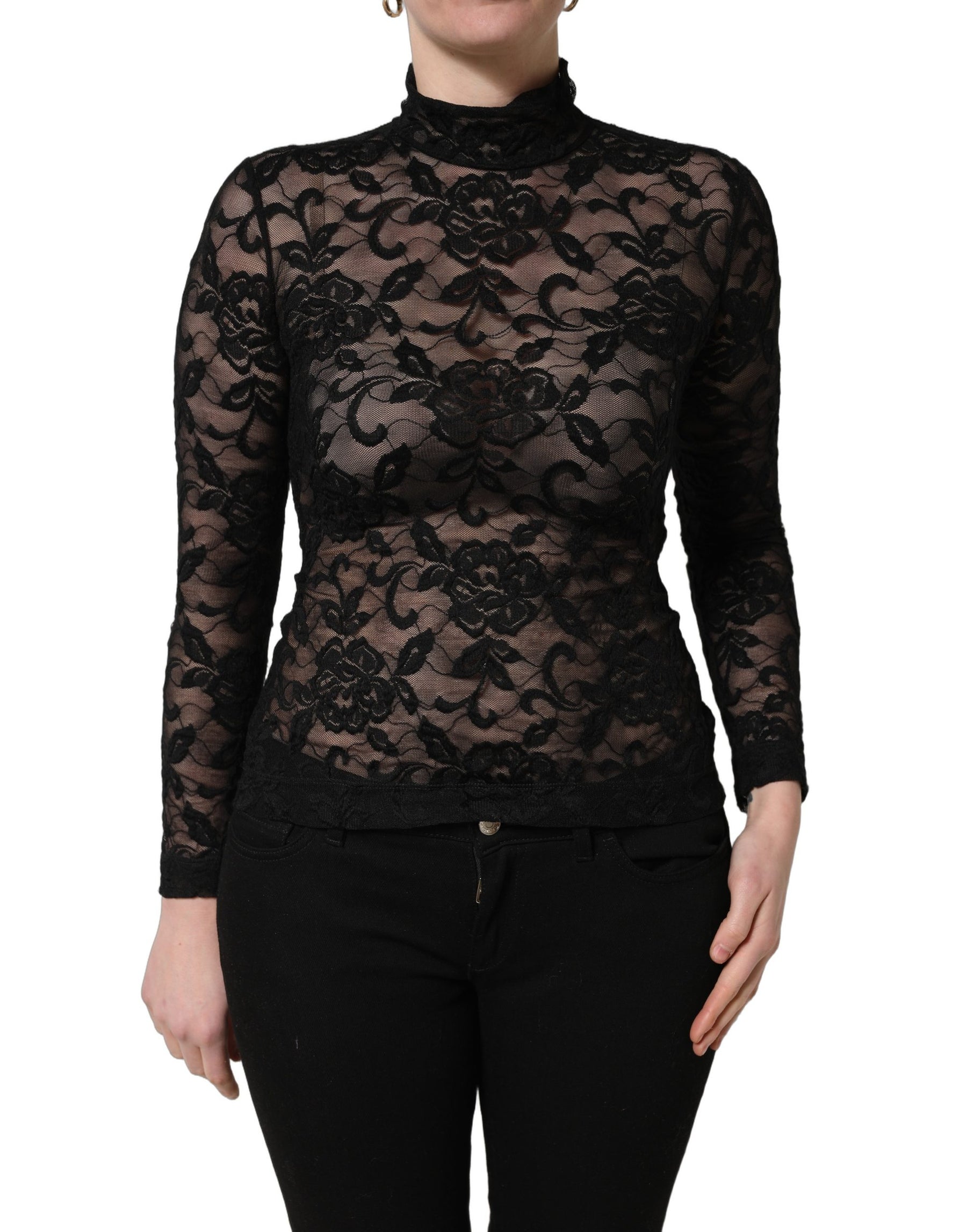 Dolce & Gabbana Black Floral Lace Turtle Neck Long Sleeve Top | Regal Royce