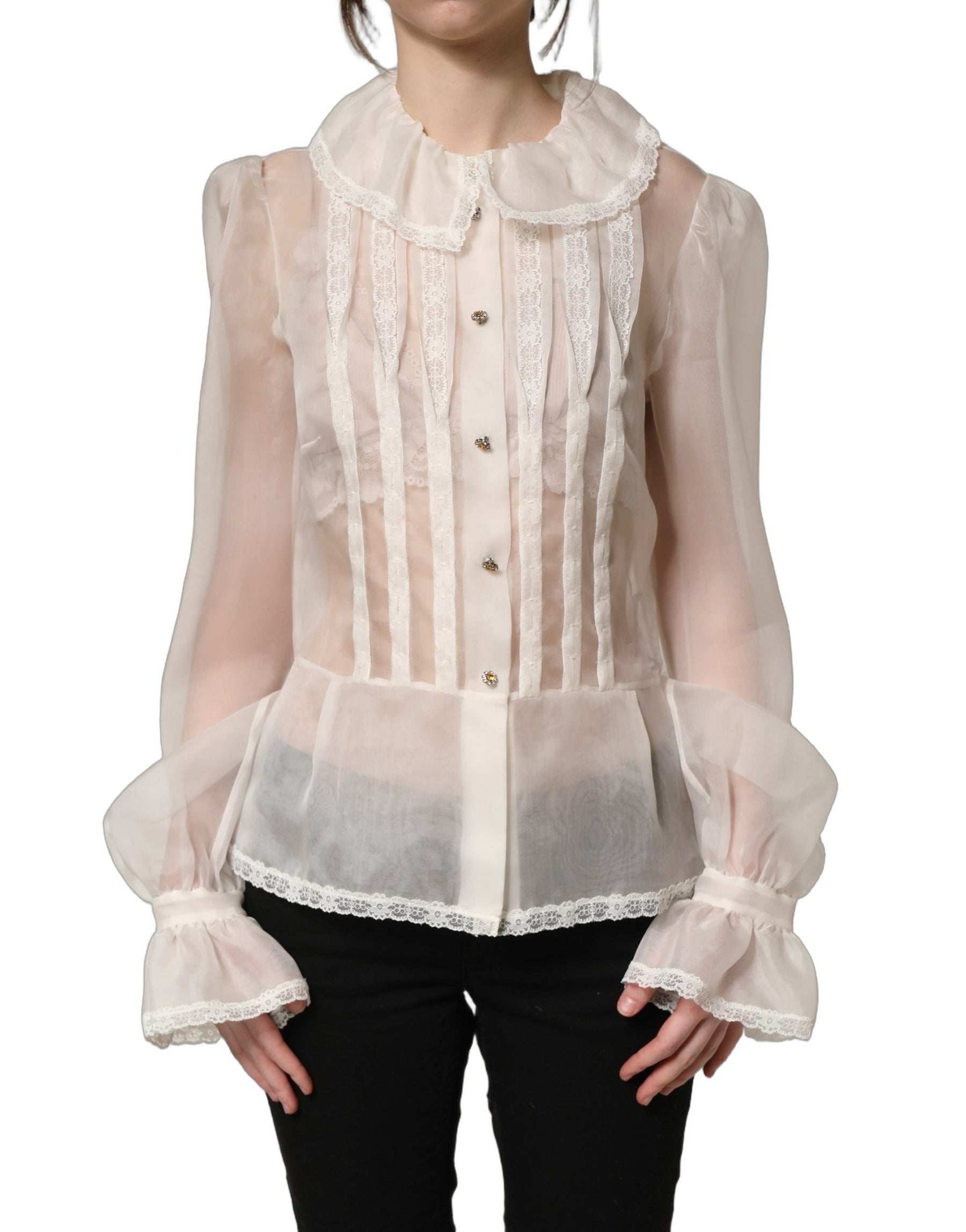 Dolce & Gabbana White Ruffled Sheer Silk Buttoned Blouse Top | Regal Royce