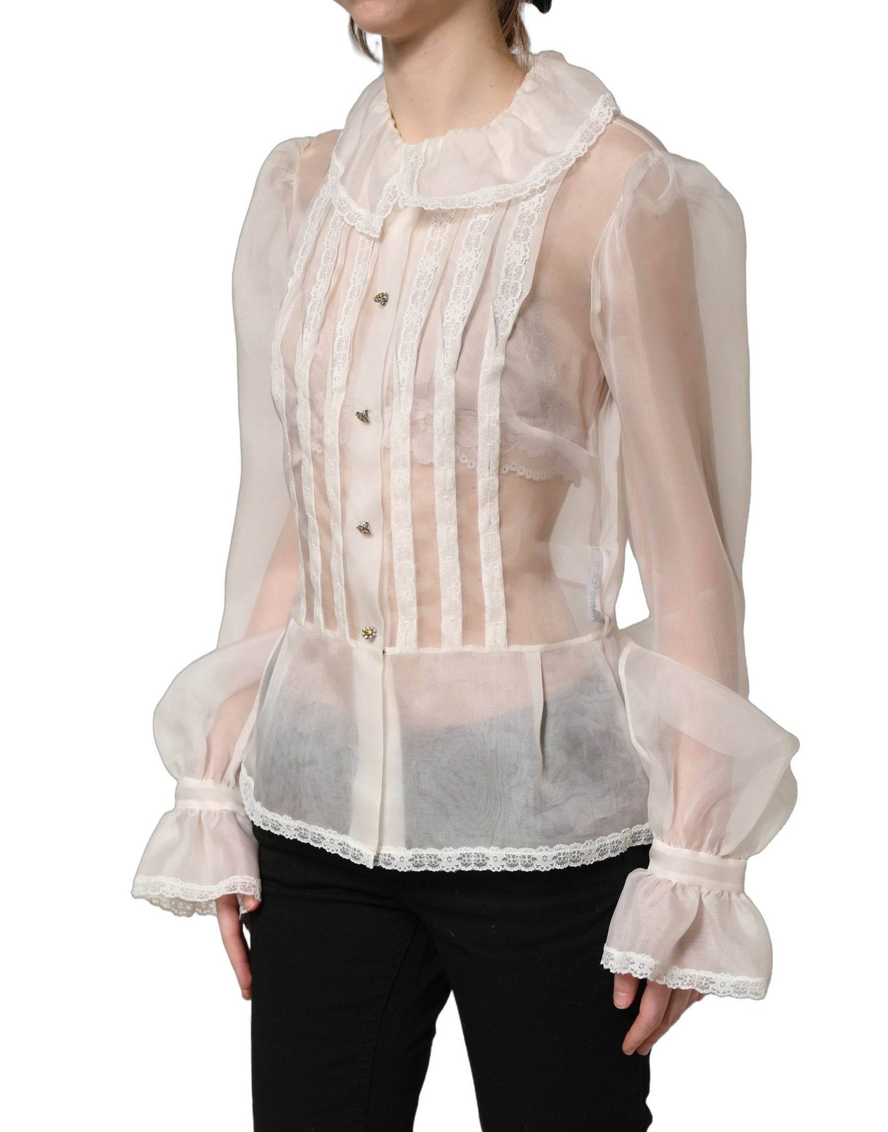 Dolce & Gabbana White Ruffled Sheer Silk Buttoned Blouse Top | Regal Royce