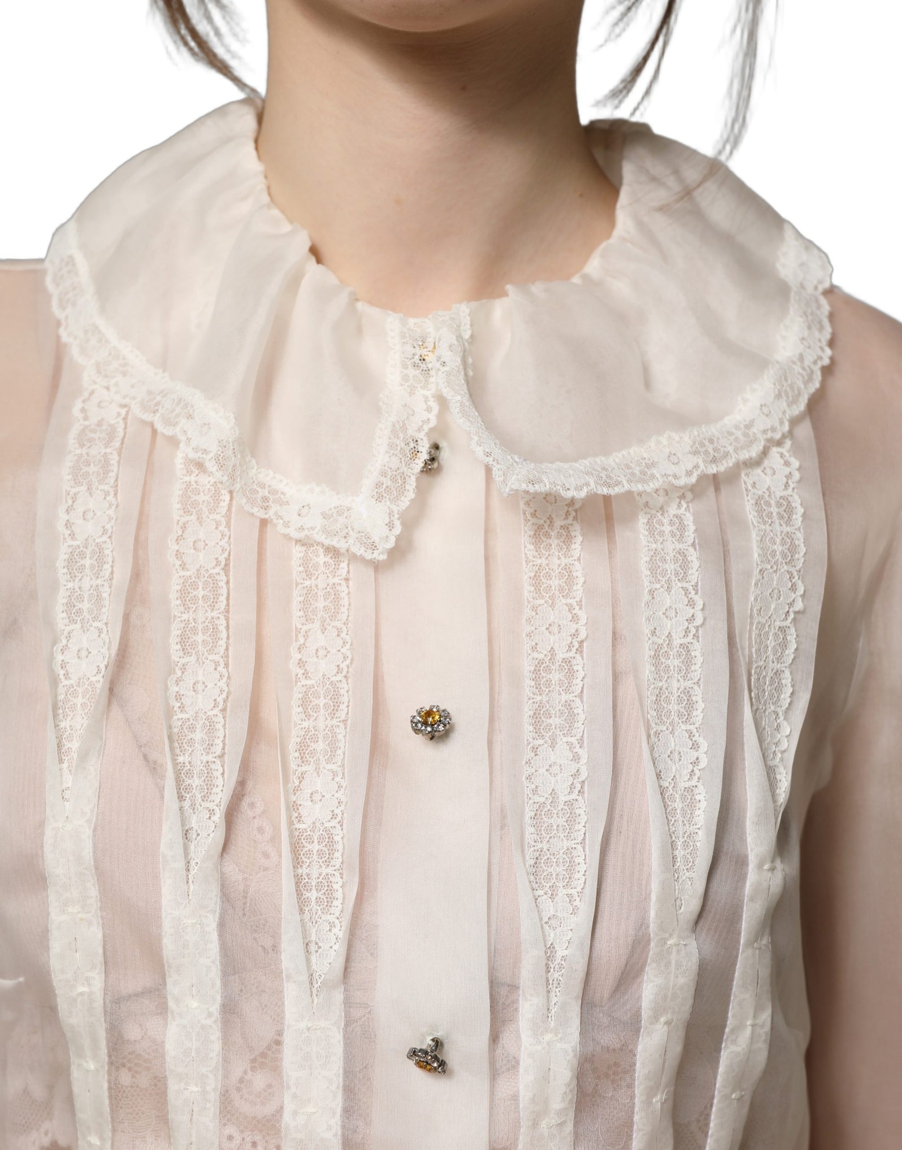 Dolce & Gabbana White Ruffled Sheer Silk Buttoned Blouse Top | Regal Royce