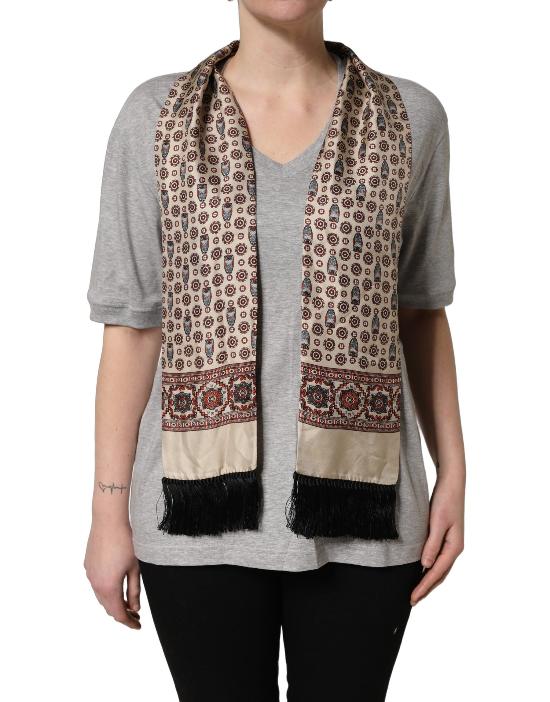 Dolce & Gabbana Gray Cotton V-neck Owl Silk Scarf Top T-shirt | Regal Royce