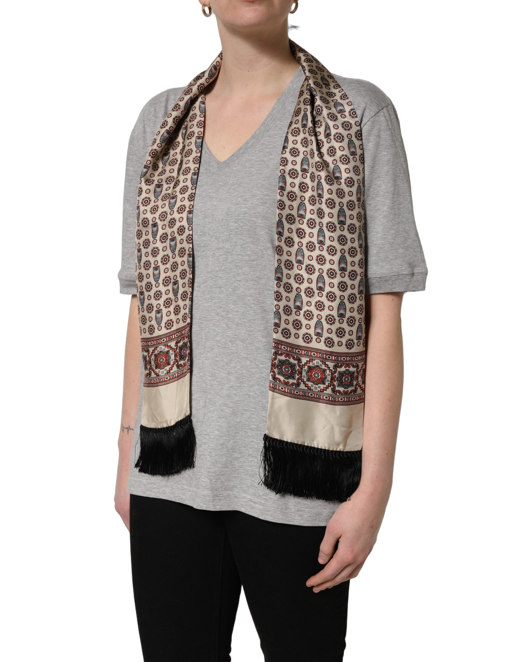 Dolce & Gabbana Gray Cotton V-neck Owl Silk Scarf Top T-shirt | Regal Royce