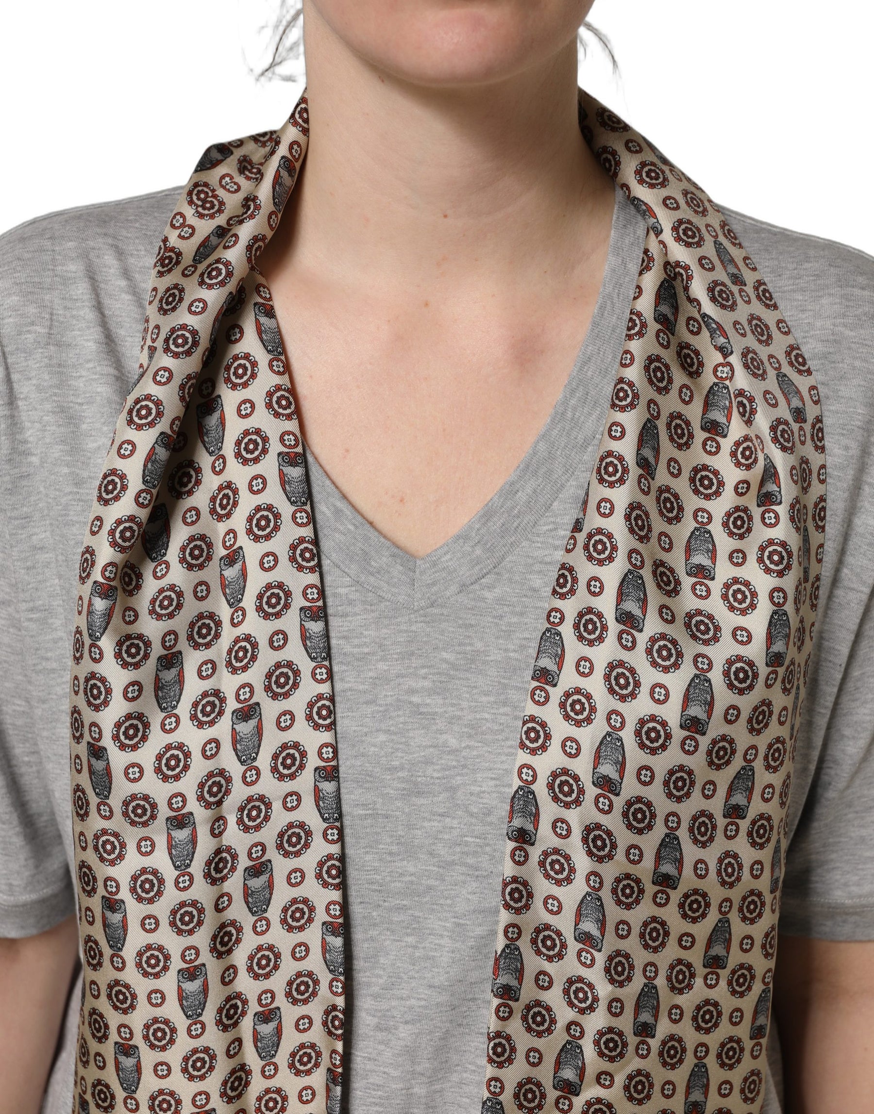 Dolce & Gabbana Gray Cotton V-neck Owl Silk Scarf Top T-shirt | Regal Royce