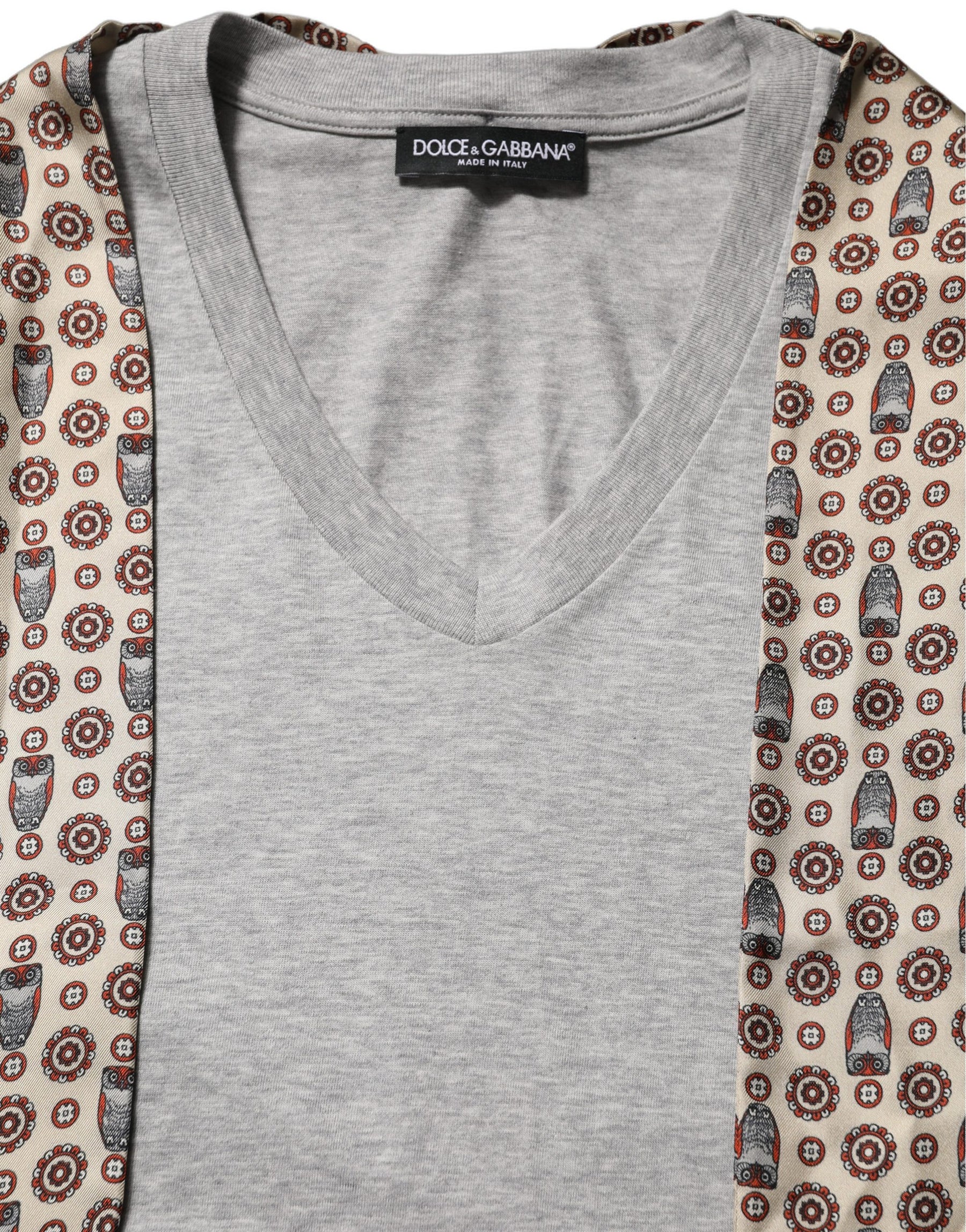Dolce & Gabbana Gray Cotton V-neck Owl Silk Scarf Top T-shirt | Regal Royce