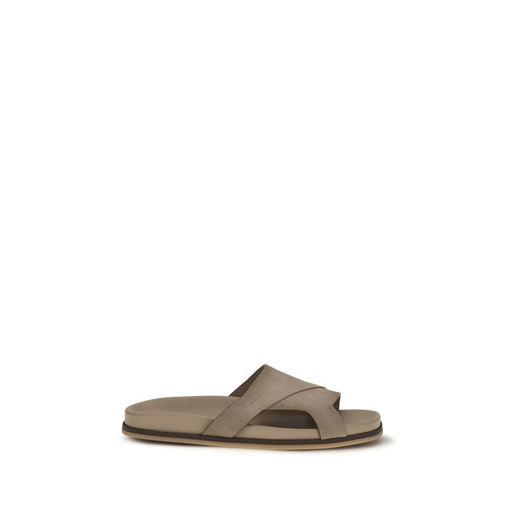 Santoni Beige Calf Leather Bos Taurus Flat Sandals | Regal Royce