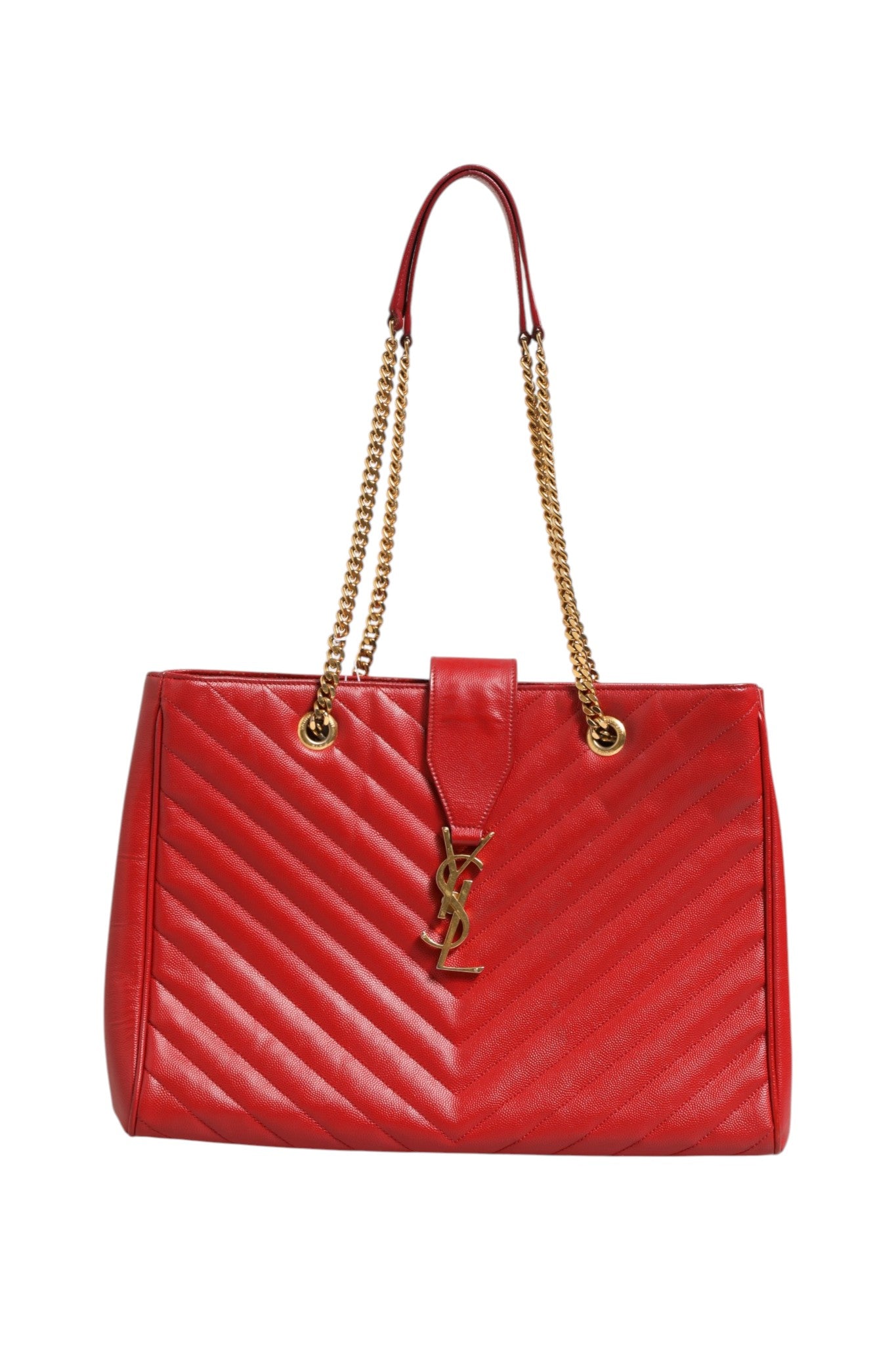 Saint Laurent Red Chevron Quilted Grained Leather Monogram Tote Bag | Regal Royce