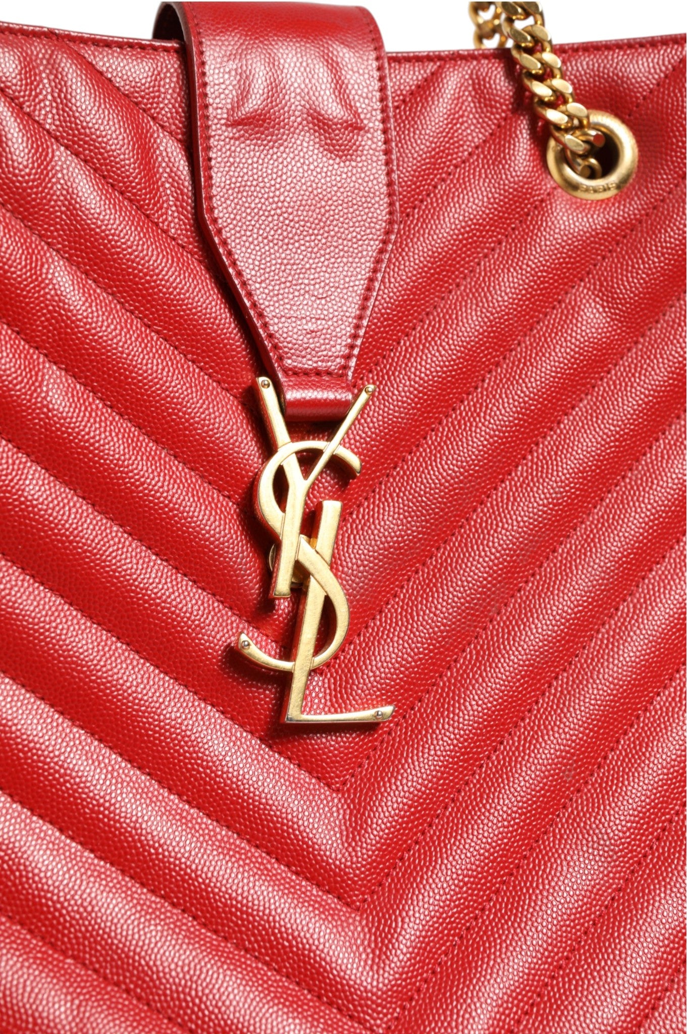 Saint Laurent Red Chevron Quilted Grained Leather Monogram Tote Bag | Regal Royce