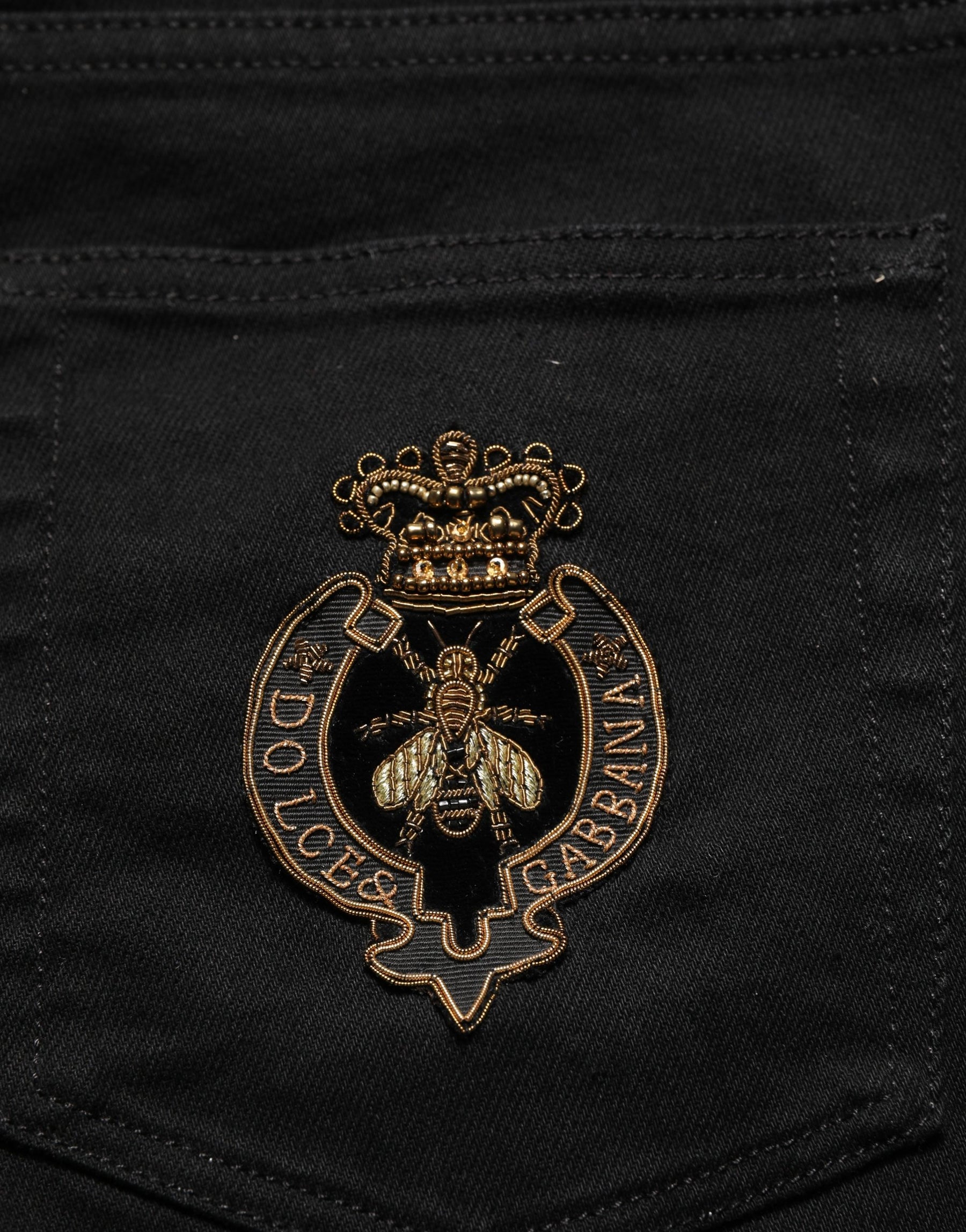 Dolce & Gabbana Black Heraldic Embroidered Skinny Denim Jeans | Regal Royce