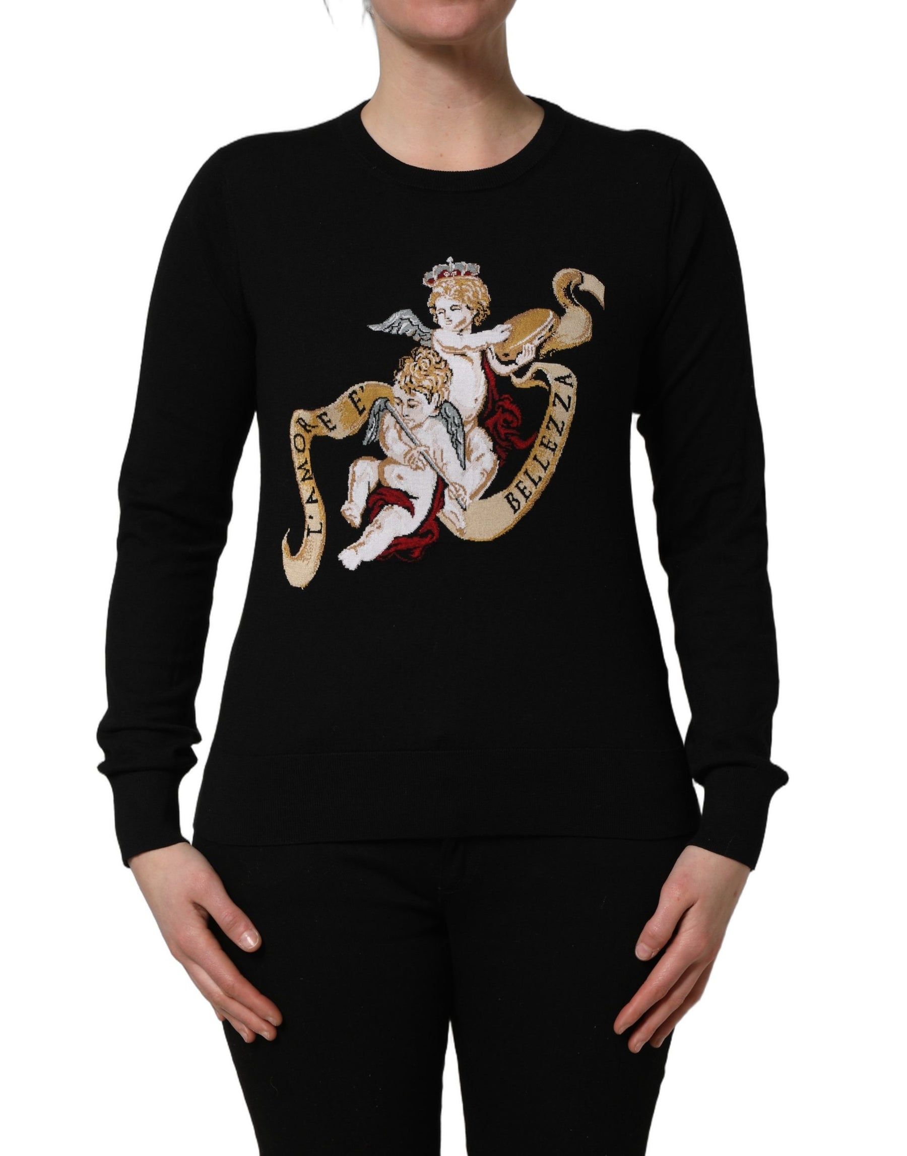 Dolce & Gabbana Black Angels Wool Crew Neck Pullover Sweater | Regal Royce