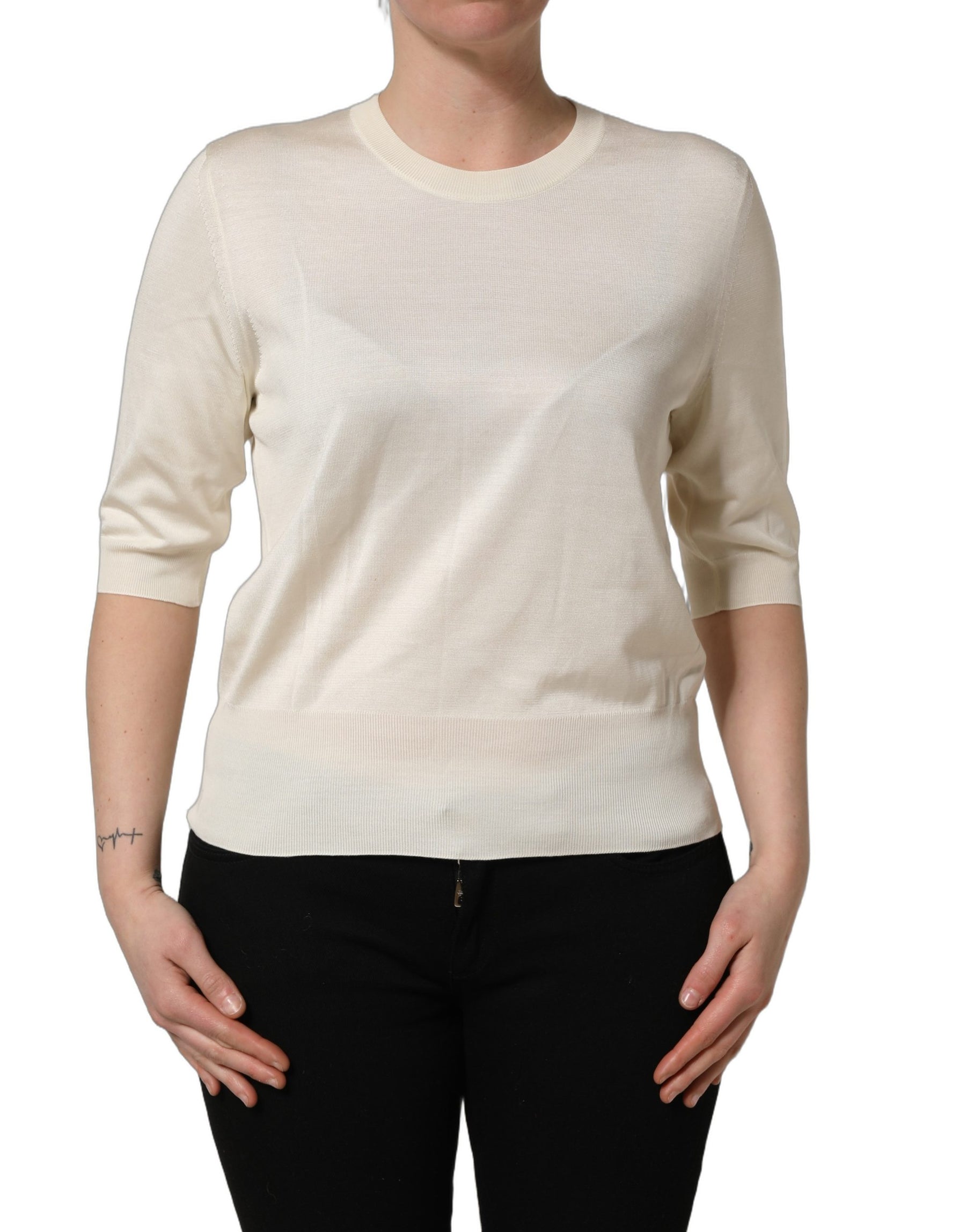 Dolce & Gabbana Off White 3/4 Sleeves Crewneck Pullover Sweater | Regal Royce