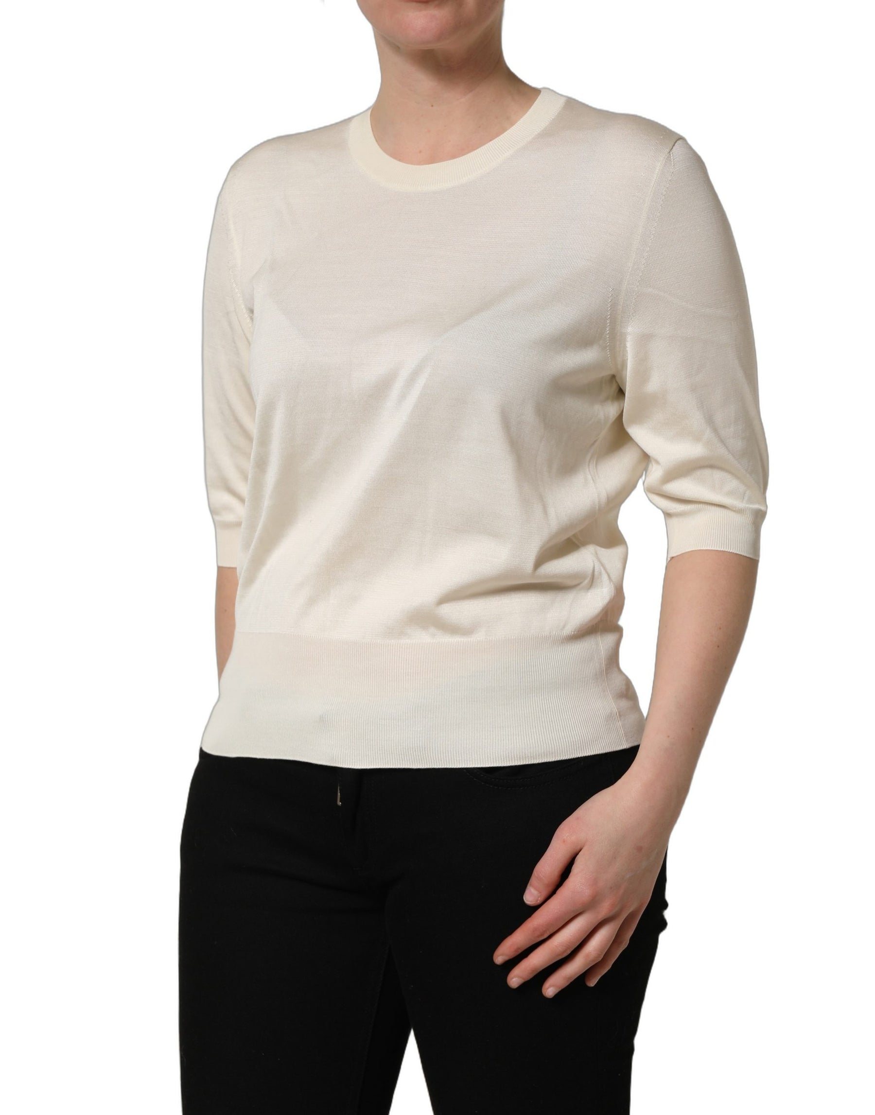 Dolce & Gabbana Off White 3/4 Sleeves Crewneck Pullover Sweater | Regal Royce