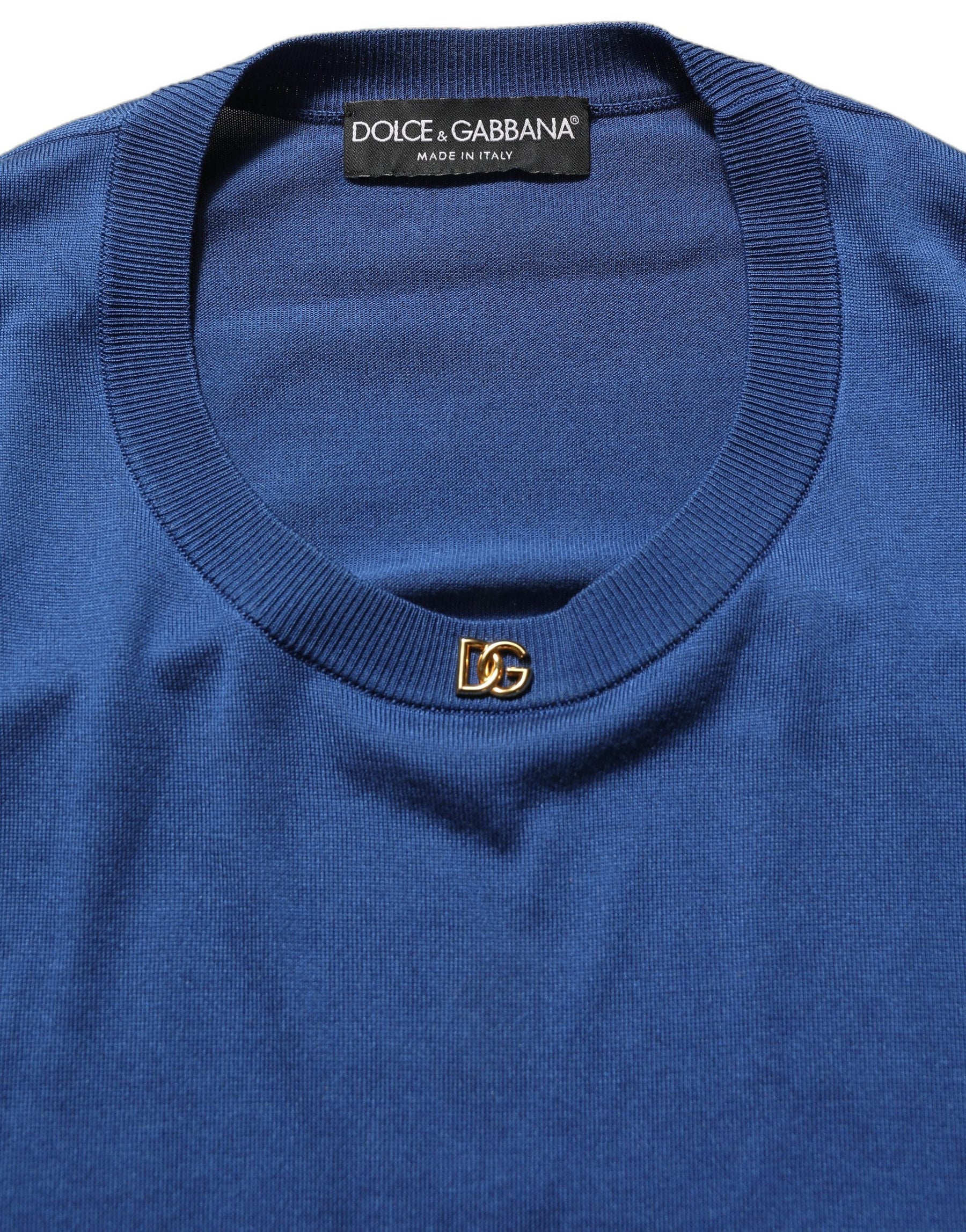Dolce & Gabbana Blue Silk DG Logo Crew Neck Pullover Sweater | Regal Royce