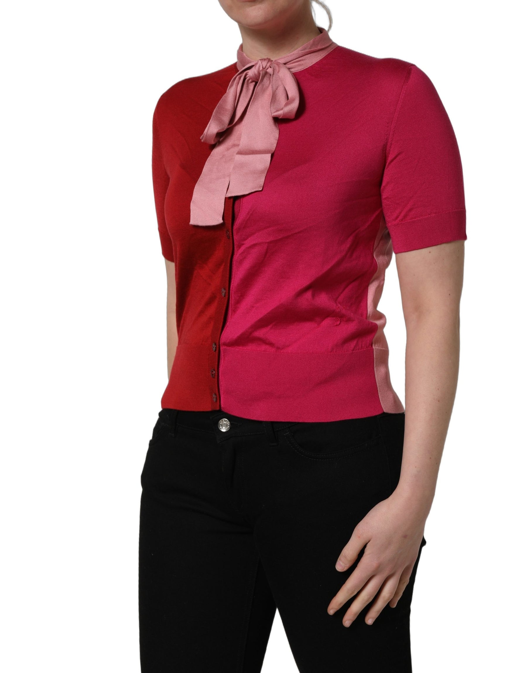 Dolce & Gabbana Pink Short Sleeves Buttoned Ascot Collar Top | Regal Royce