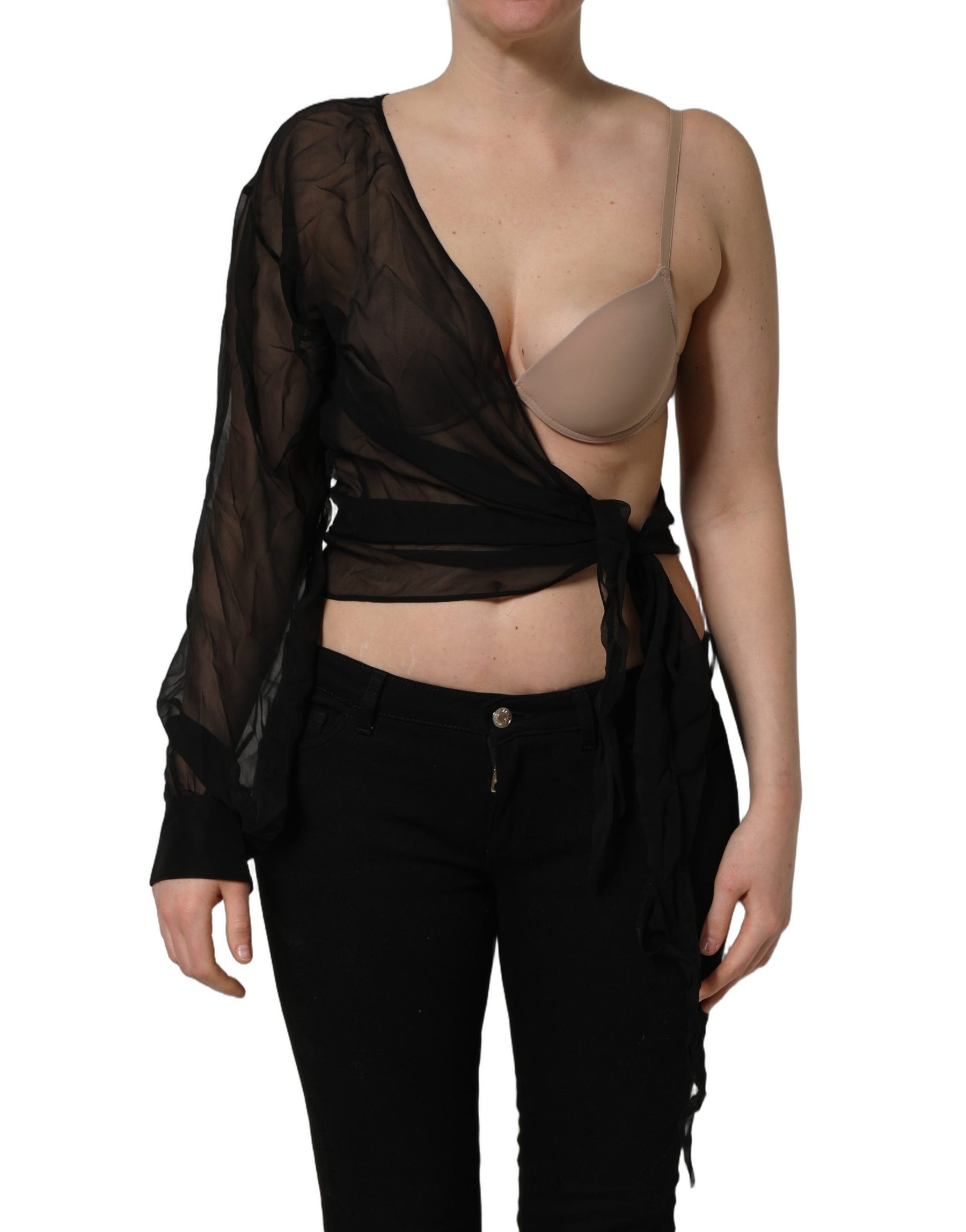 Dolce & Gabbana Black Wrap Sheer Chiffon One Shoulder Top | Regal Royce