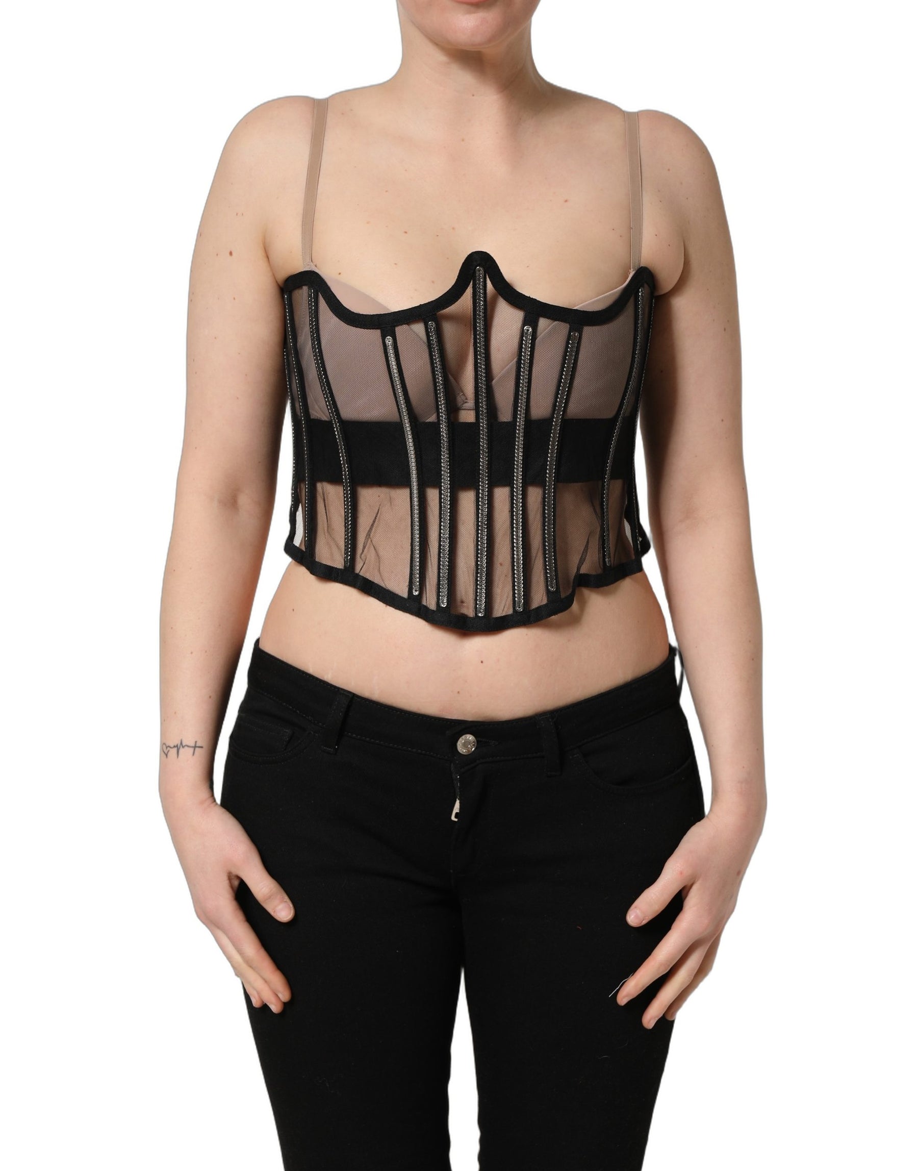 Dolce & Gabbana Black Sheer Tulle Bodysuit Cropped Corset Top | Regal Royce