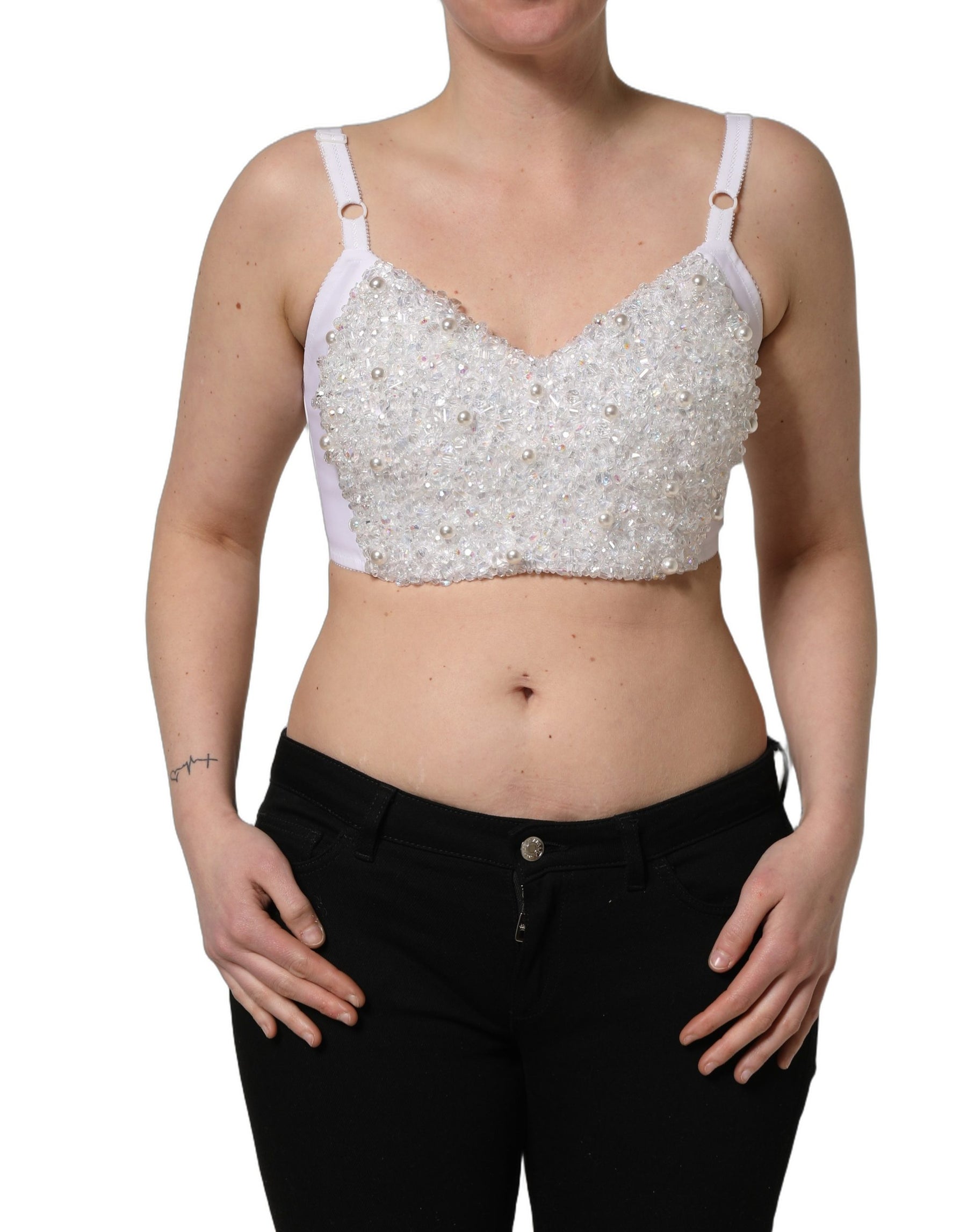 Dolce & Gabbana White Pearls Beaded Corset Bustier Crop Top | Regal Royce