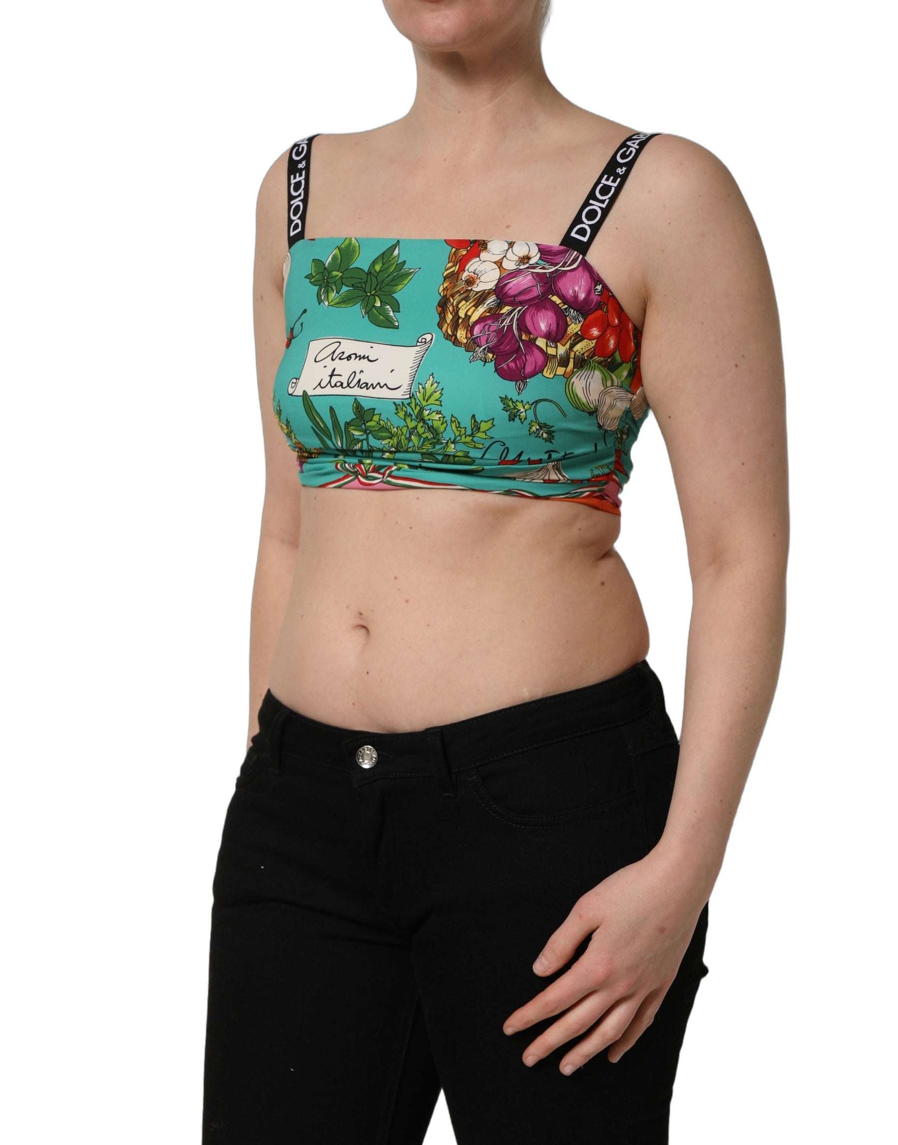 Dolce & Gabbana Turquoise Vegetable Print Silk Crop Tank Top | Regal Royce