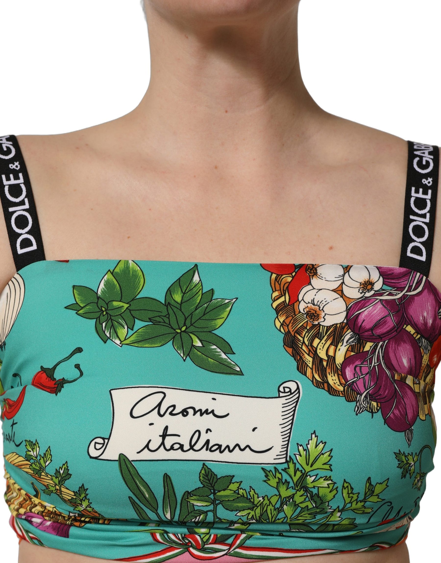 Dolce & Gabbana Turquoise Vegetable Print Silk Crop Tank Top | Regal Royce