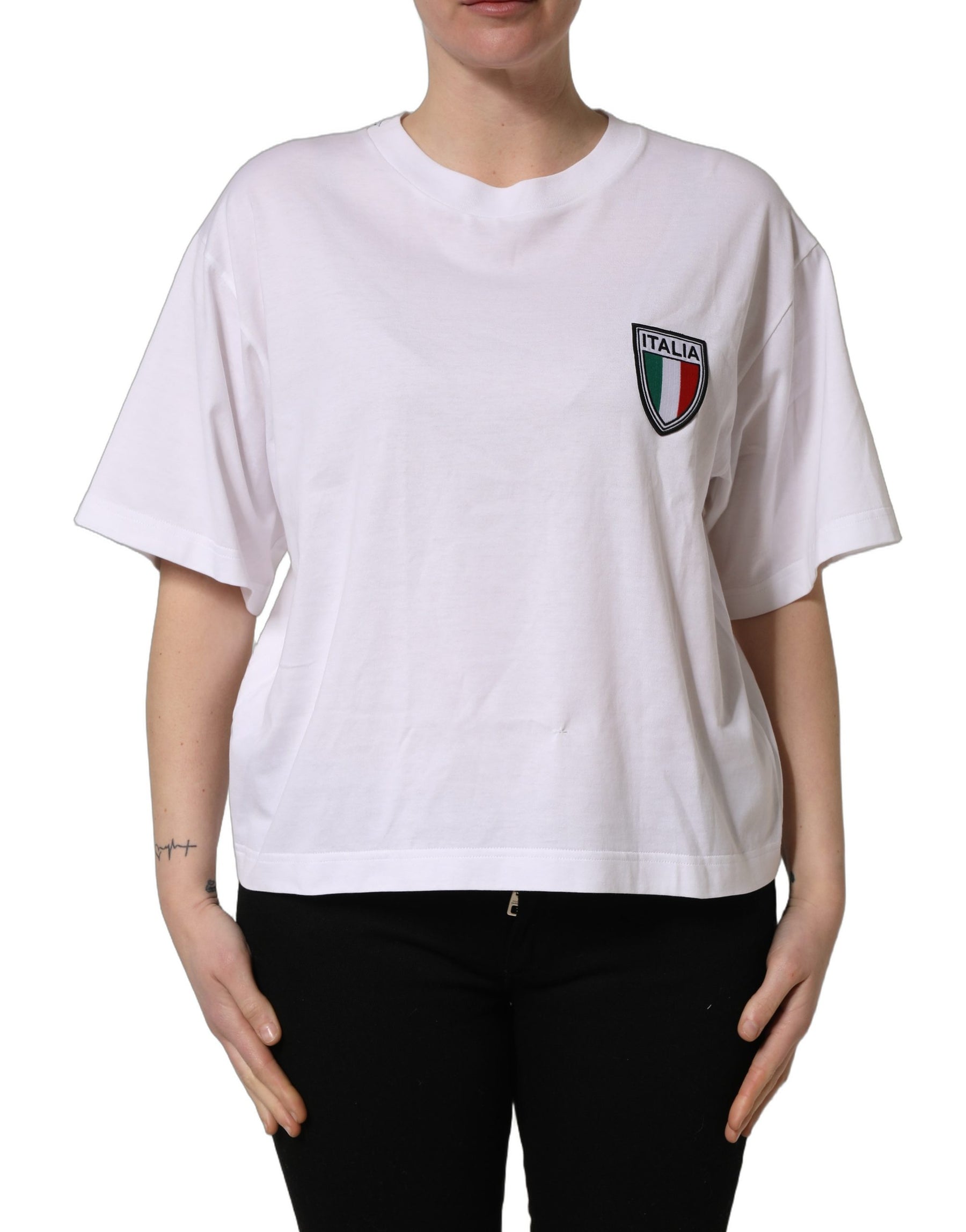 Dolce & Gabbana White Italia Flag Patch Round Neck T-shirt | Regal Royce