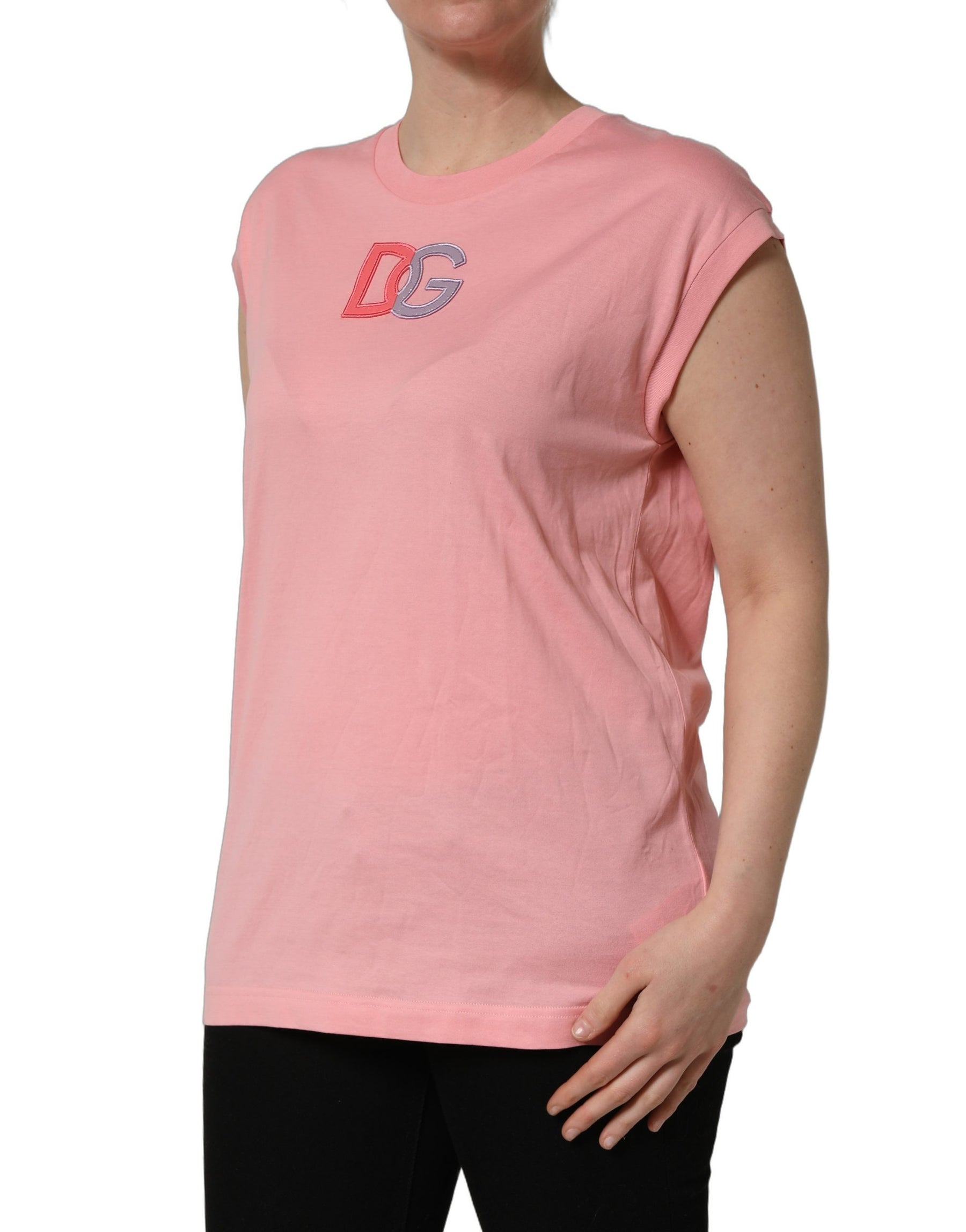 Dolce & Gabbana Pink Cotton DG Logo Round Neck Tank T-shirt | Regal Royce