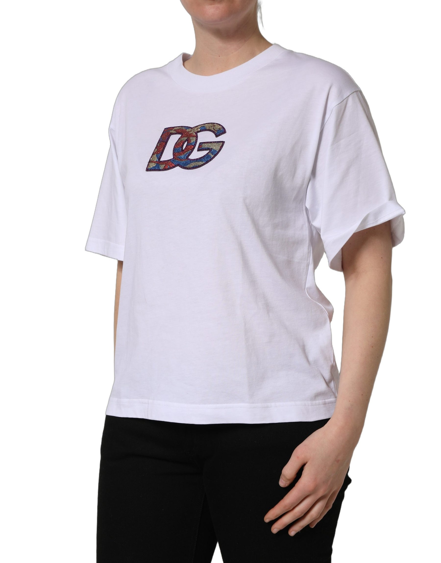 Dolce & Gabbana White Cotton DG Logo Patch Crew Neck T-shirt | Regal Royce