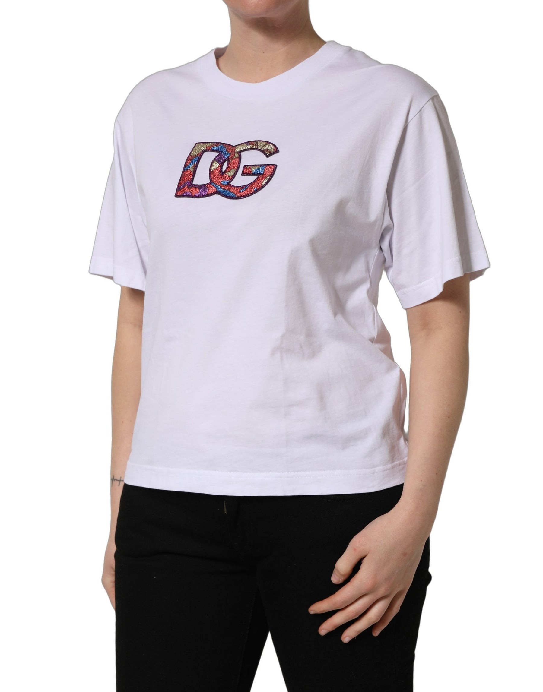 Dolce & Gabbana White Cotton DG Logo Patch Crew Neck T-shirt | Regal Royce