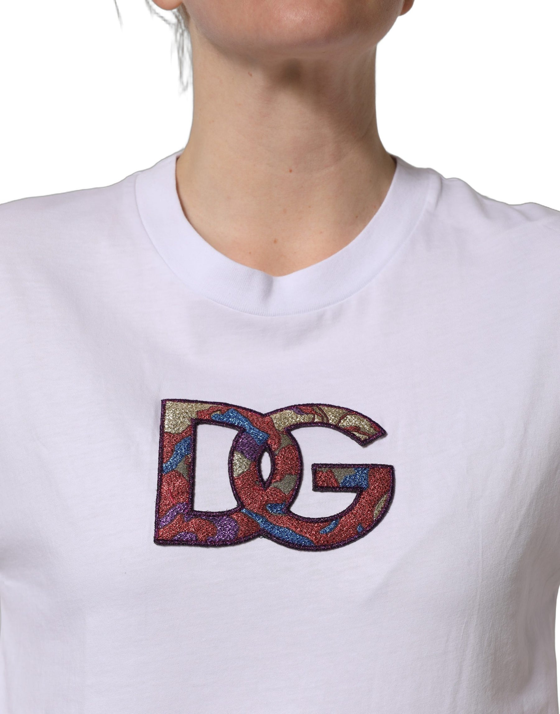 Dolce & Gabbana White Cotton DG Logo Patch Crew Neck T-shirt | Regal Royce