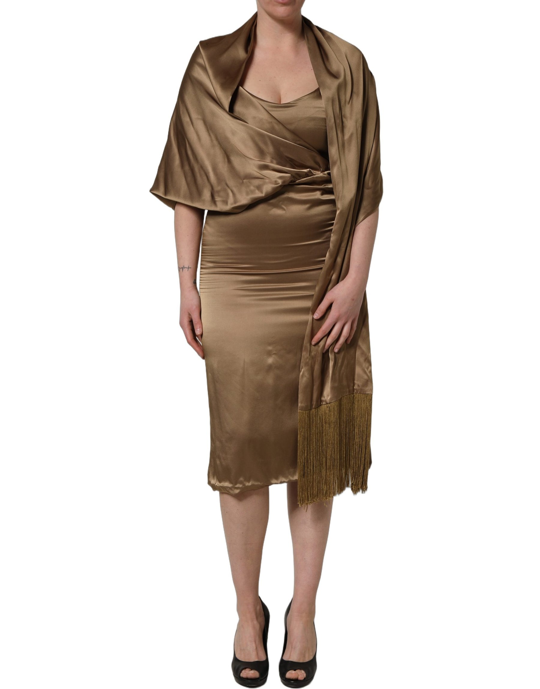 Dodo Bar Or Bronze Toned Satin Fringe Hemmed Shawl Midi Dress | Regal Royce