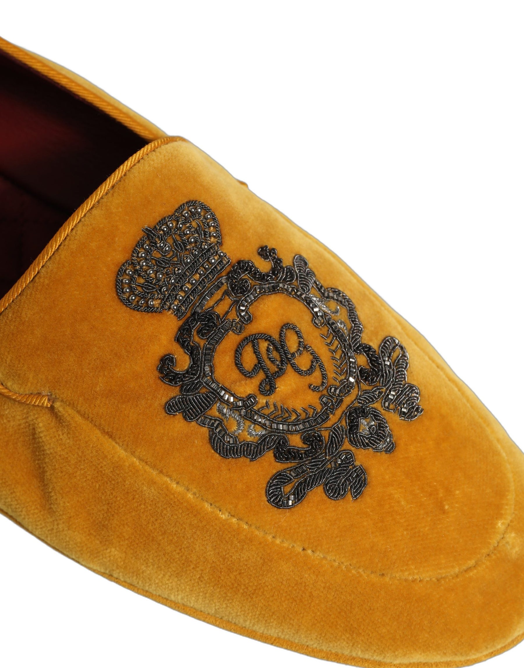 Dolce & Gabbana Yellow Velvet Crown Embroidery Loafers Shoes | Regal Royce