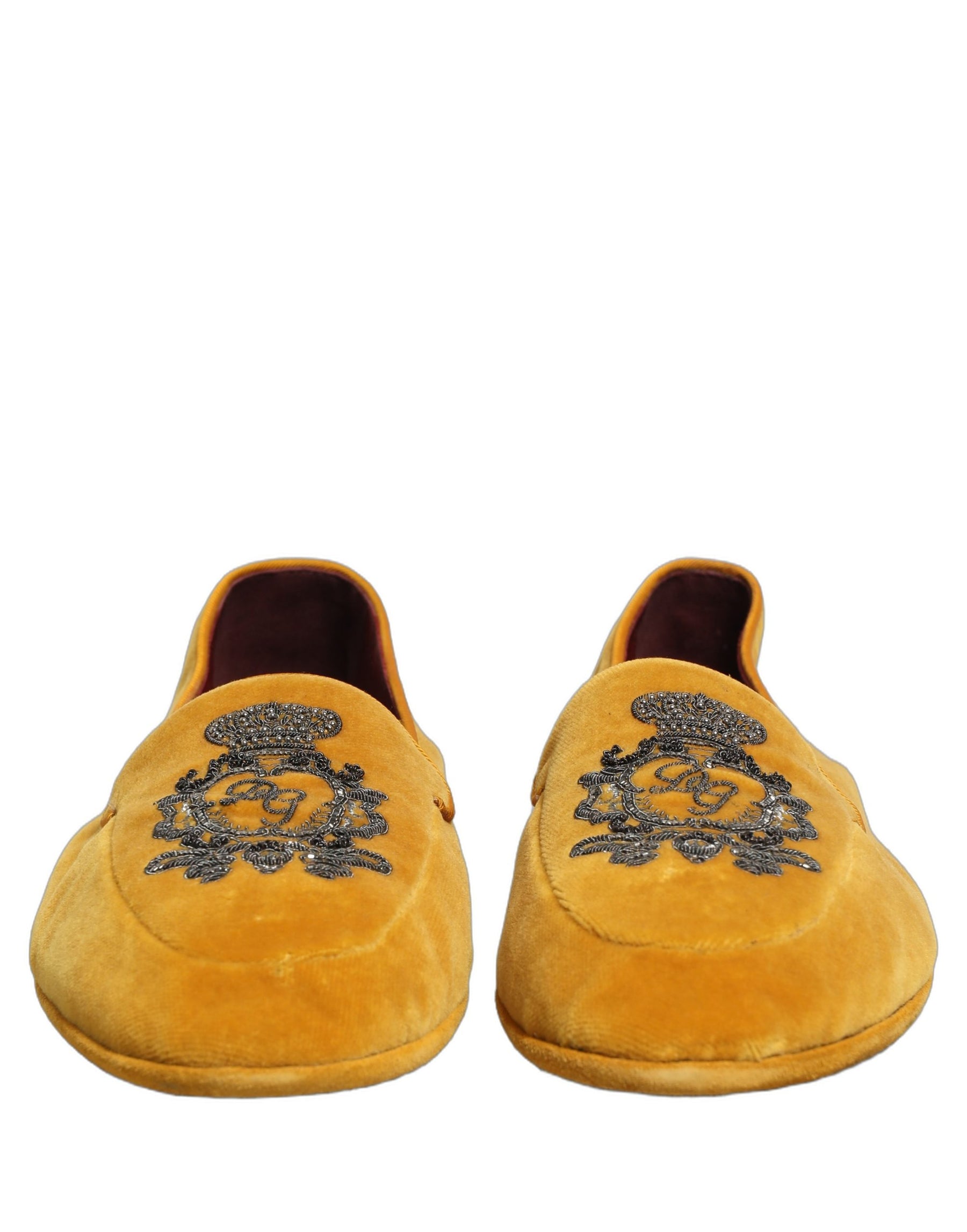 Dolce & Gabbana Yellow Velvet Crown Embroidery Loafers Shoes | Regal Royce