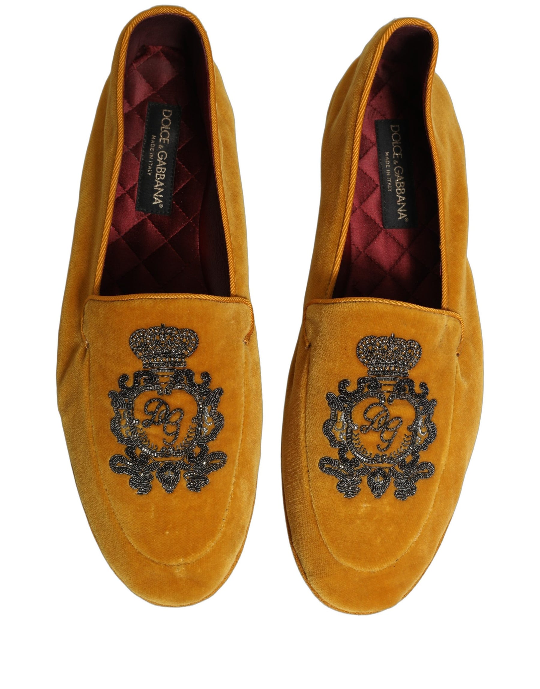 Dolce & Gabbana Yellow Velvet Crown Embroidery Loafers Shoes | Regal Royce