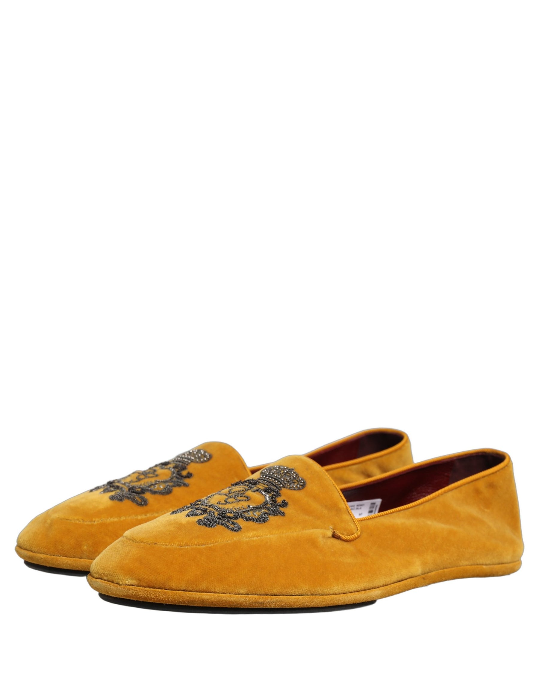 Dolce & Gabbana Yellow Velvet Crown Embroidery Loafers Shoes | Regal Royce