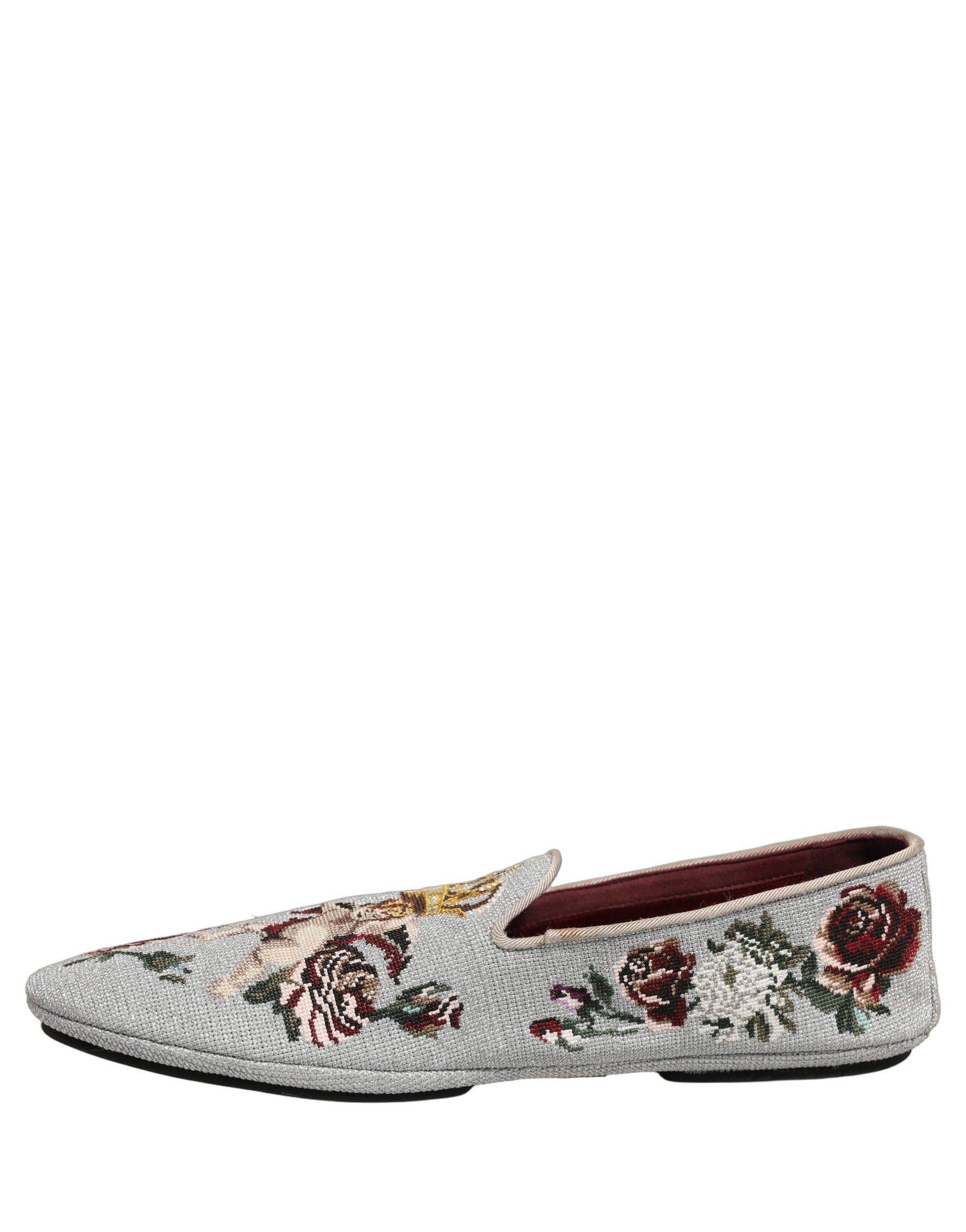 Dolce & Gabbana Gray Crown Rose Angel Embroidery Loafer Shoes | Regal Royce
