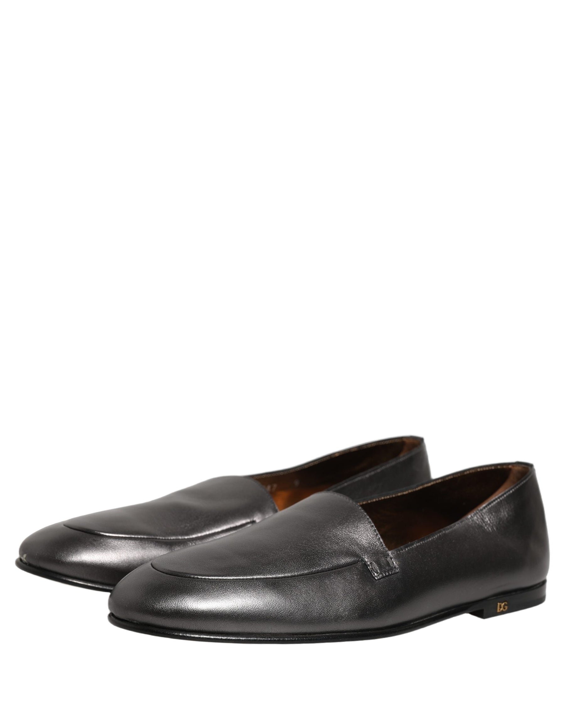 Dolce & Gabbana Silver Leather DG Logo Slip On Loafers Shoes | Regal Royce
