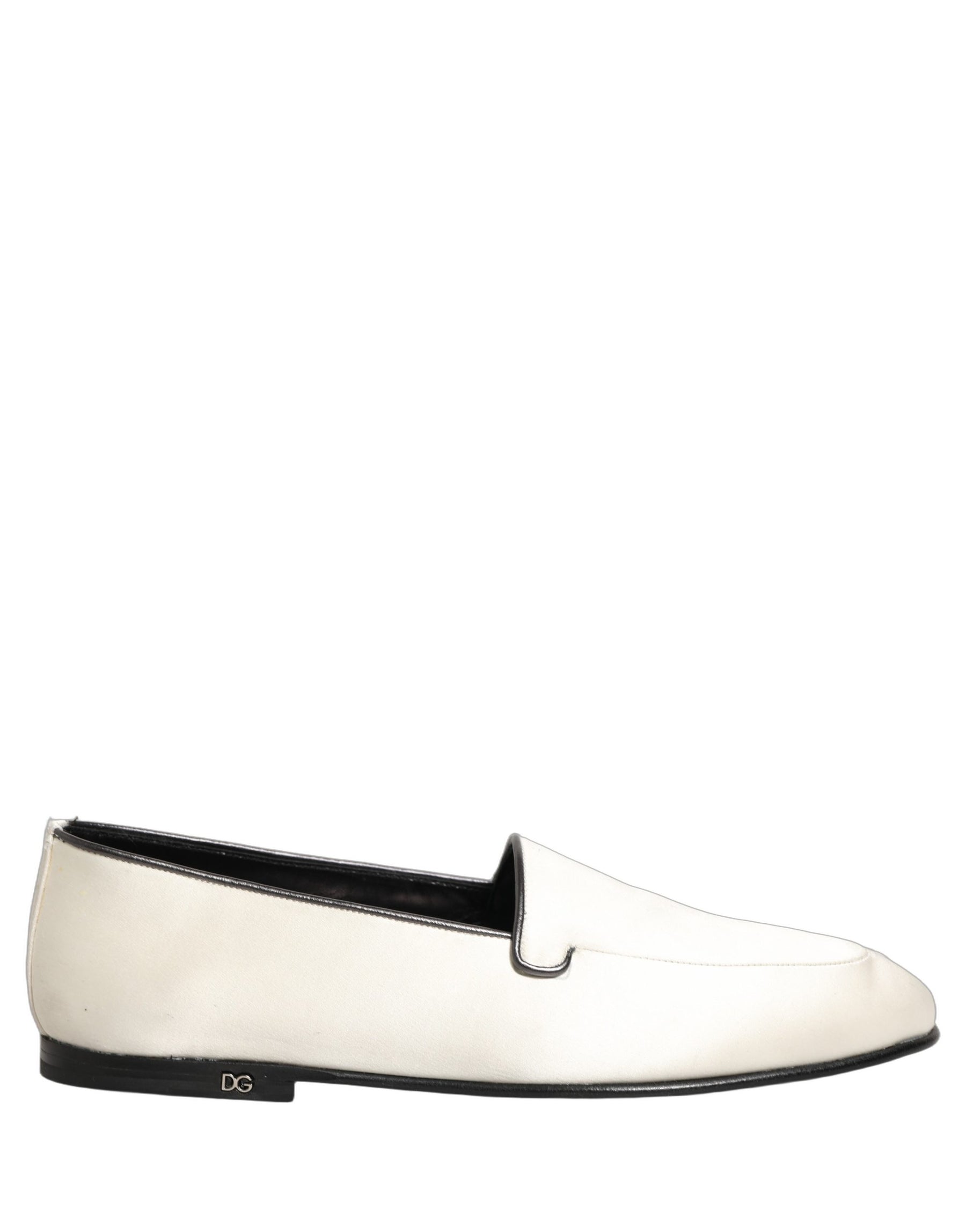 Dolce & Gabbana White Satin Logo Slip On Flats Loafers Shoes | Regal Royce