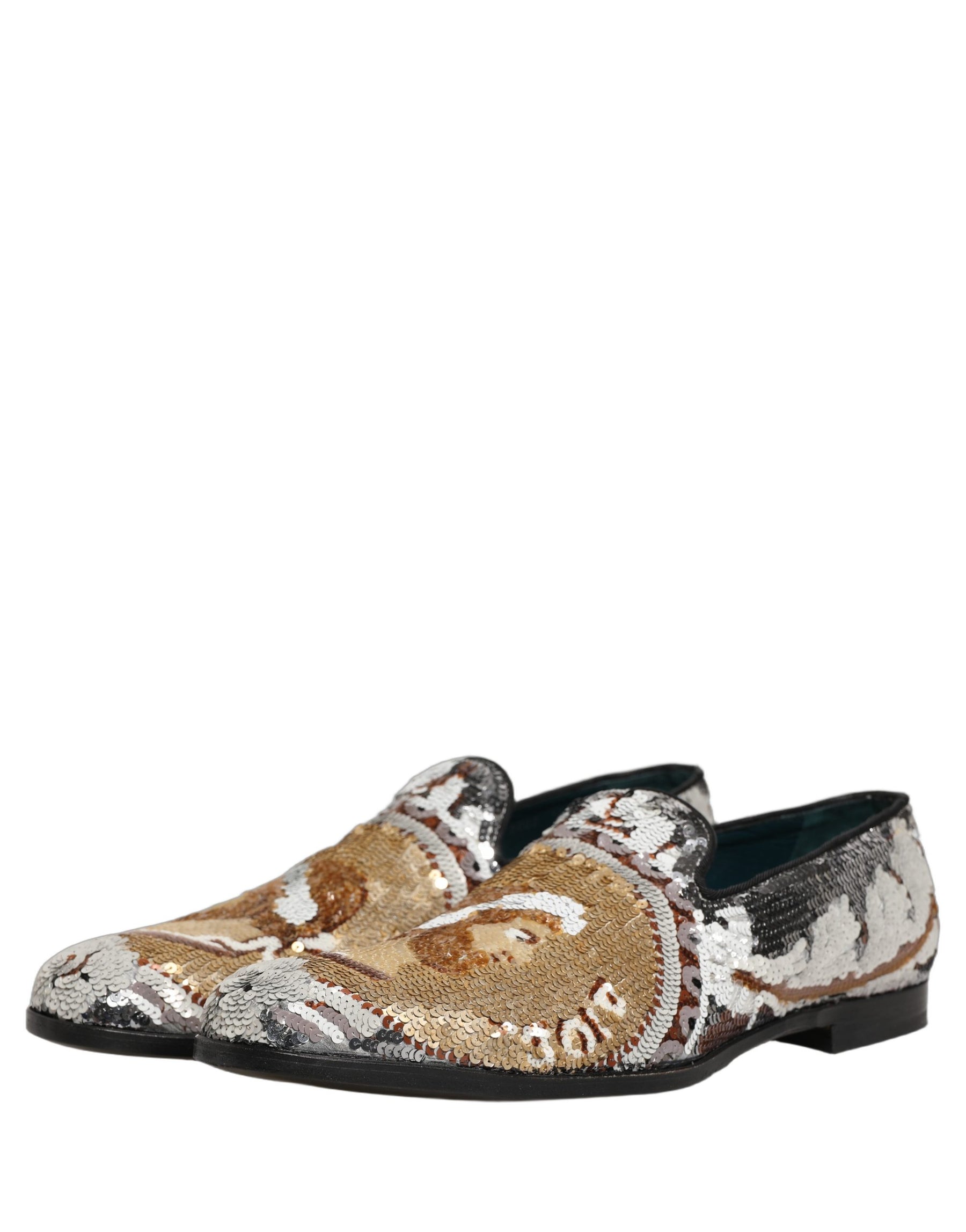 Dolce & Gabbana White Gold Sequined Slip On Loafers Shoes | Regal Royce