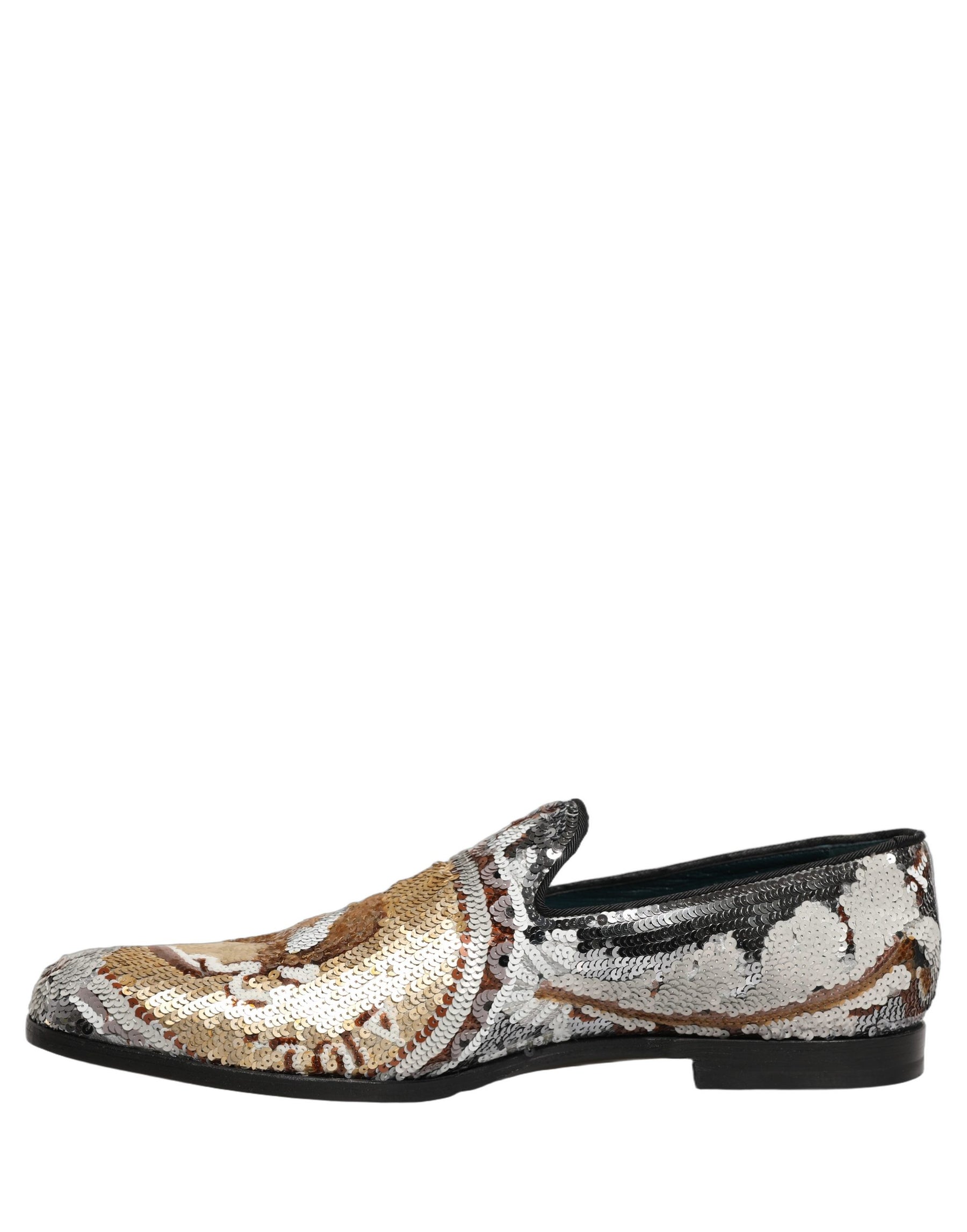Dolce & Gabbana White Gold Sequined Slip On Loafers Shoes | Regal Royce
