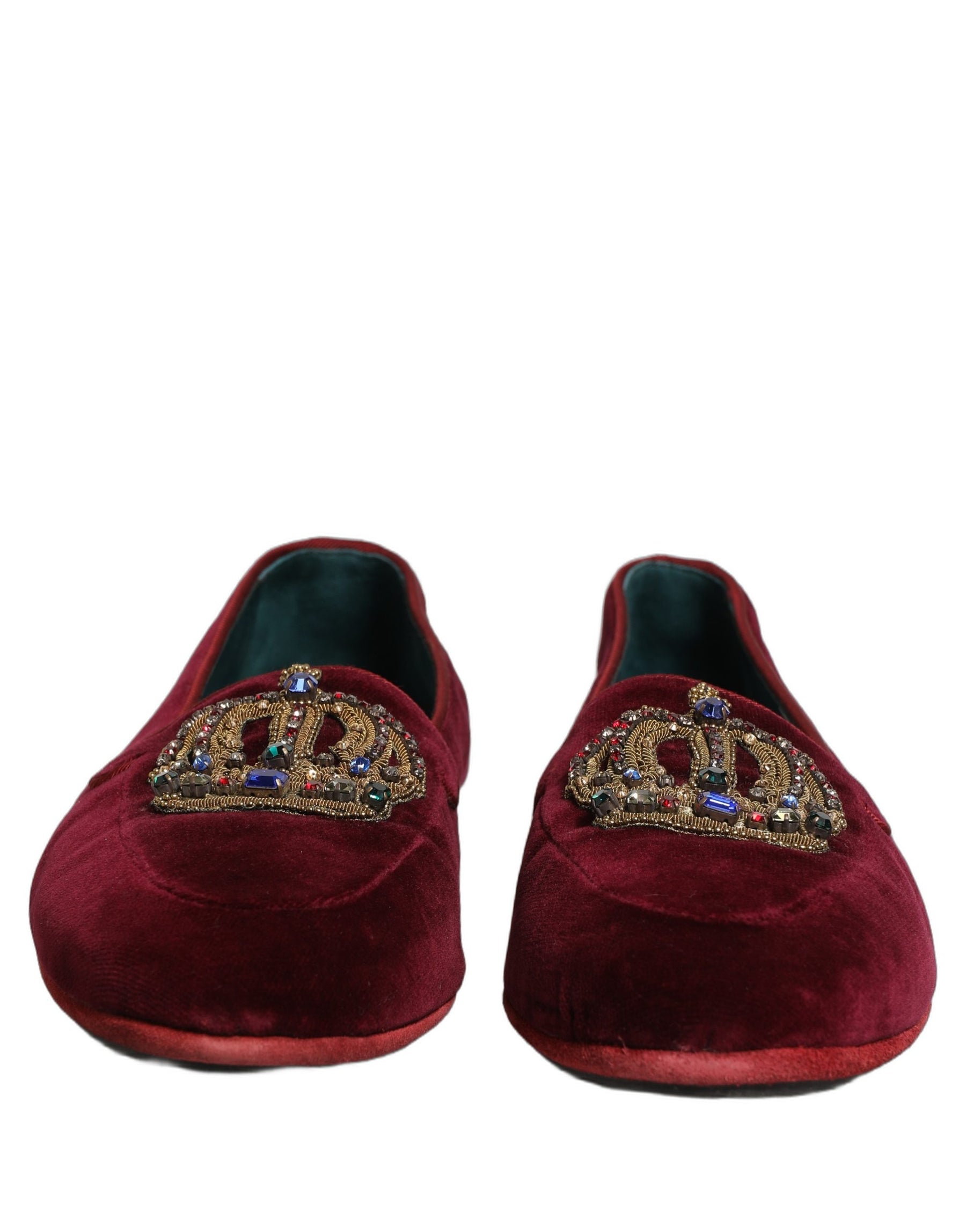 Dolce & Gabbana Burgundy Velvet Crown Slip On Loafers Shoes | Regal Royce