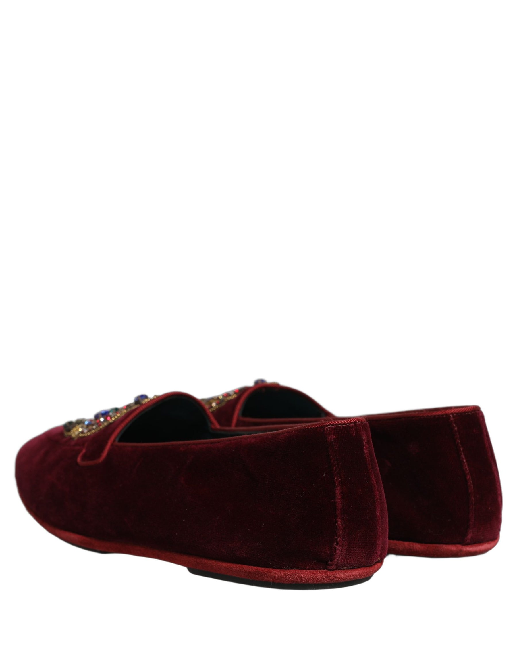 Dolce & Gabbana Burgundy Velvet Crown Slip On Loafers Shoes | Regal Royce