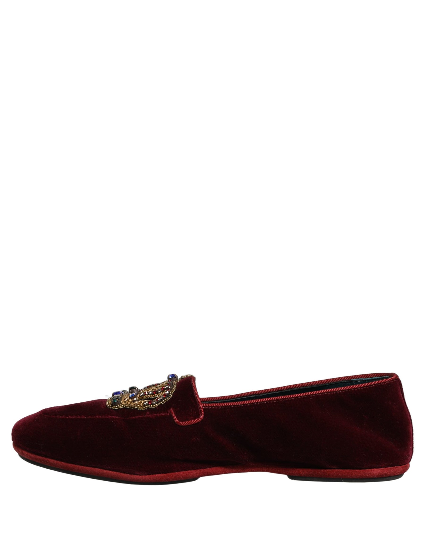 Dolce & Gabbana Burgundy Velvet Crown Slip On Loafers Shoes | Regal Royce