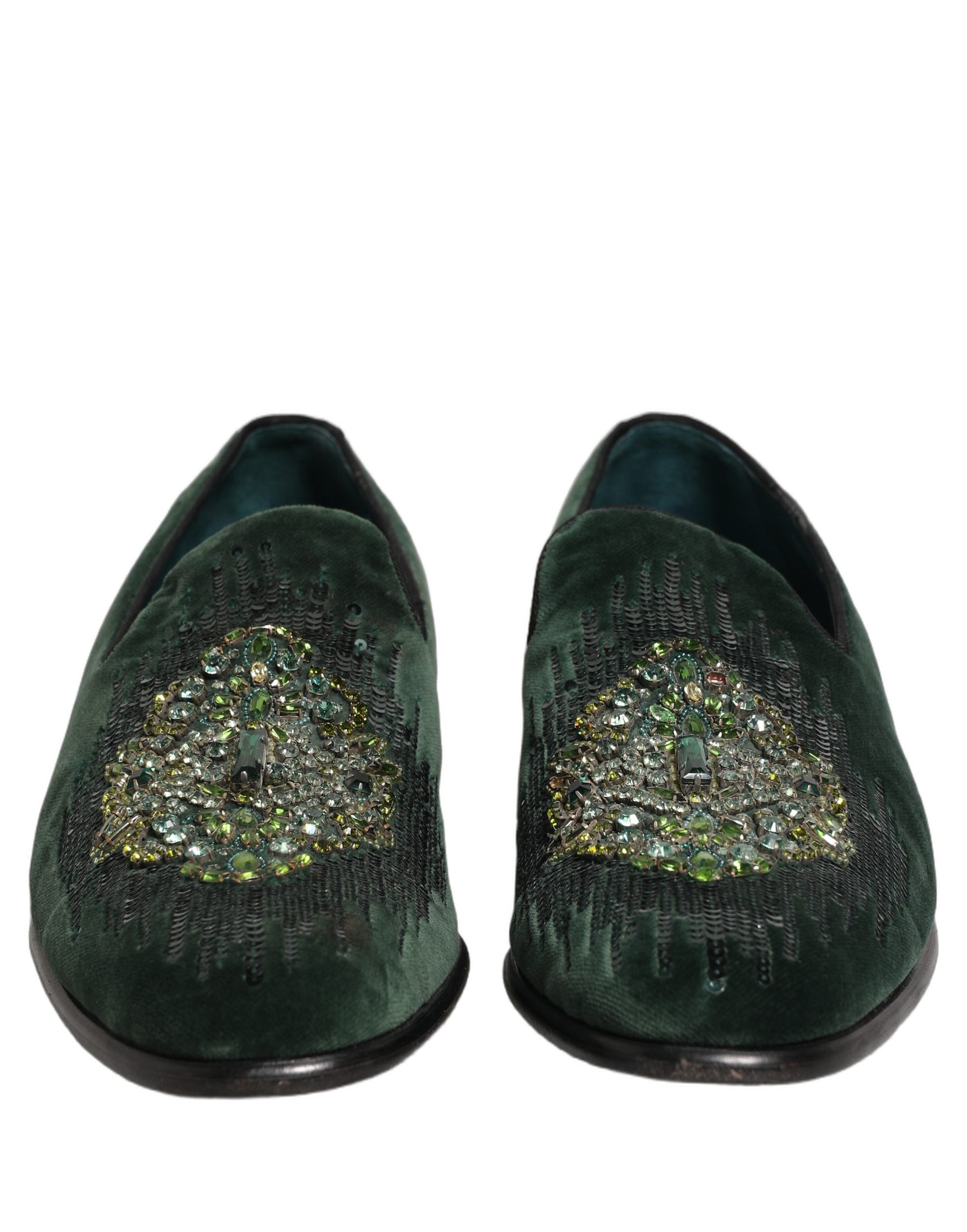Dolce & Gabbana Green Velvet Embellished Dress Loafers Shoes | Regal Royce