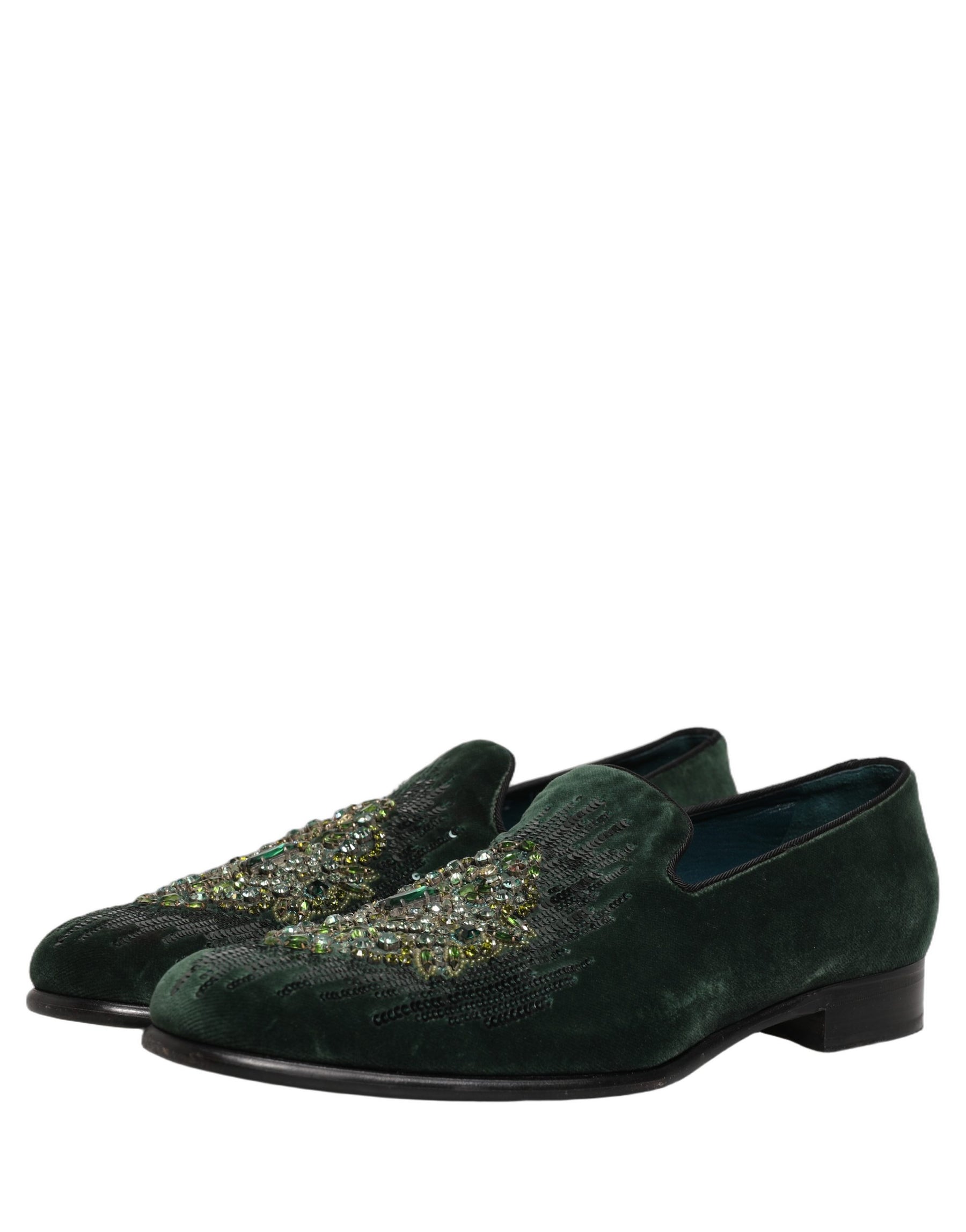 Dolce & Gabbana Green Velvet Embellished Dress Loafers Shoes | Regal Royce