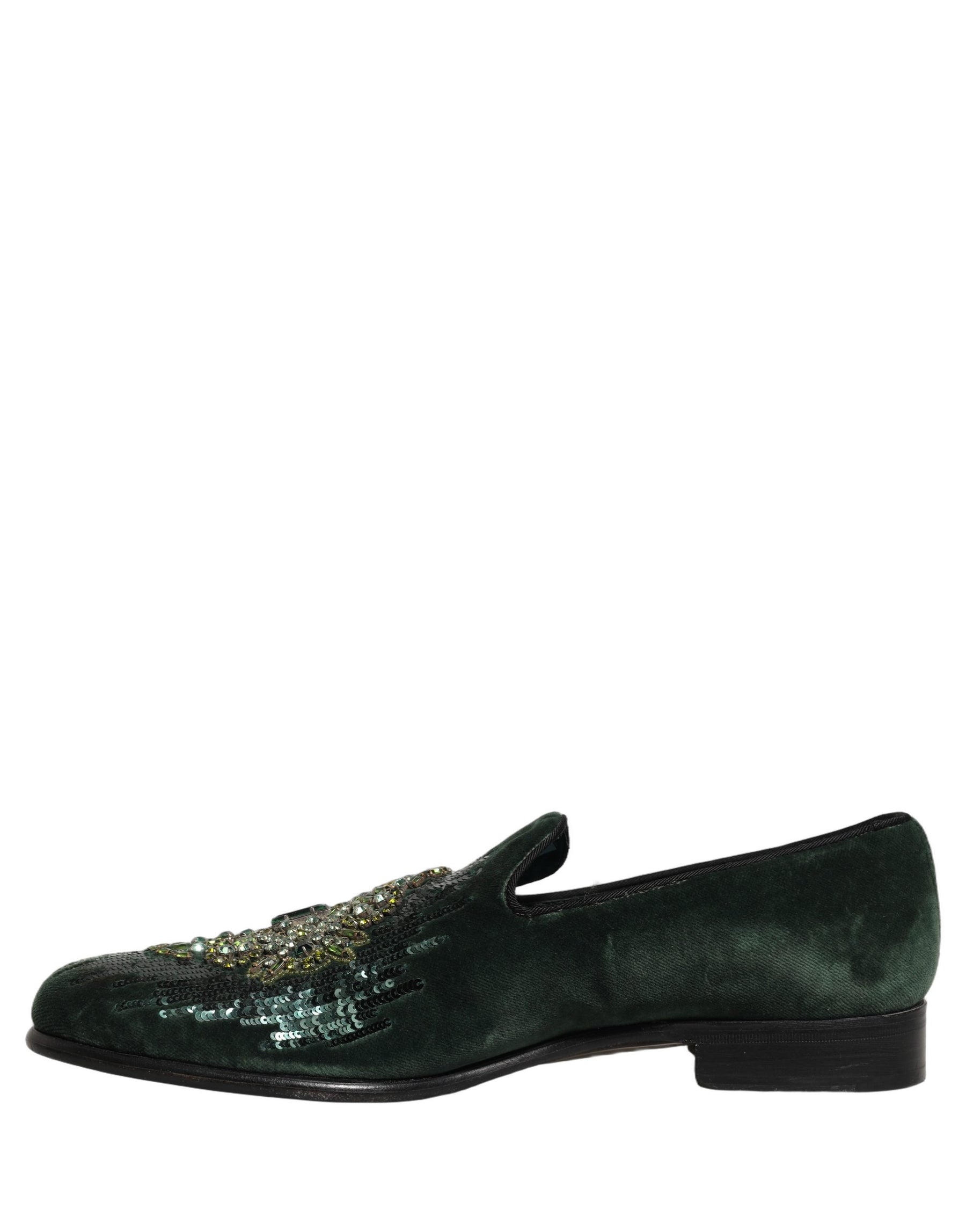 Dolce & Gabbana Green Velvet Embellished Dress Loafers Shoes | Regal Royce