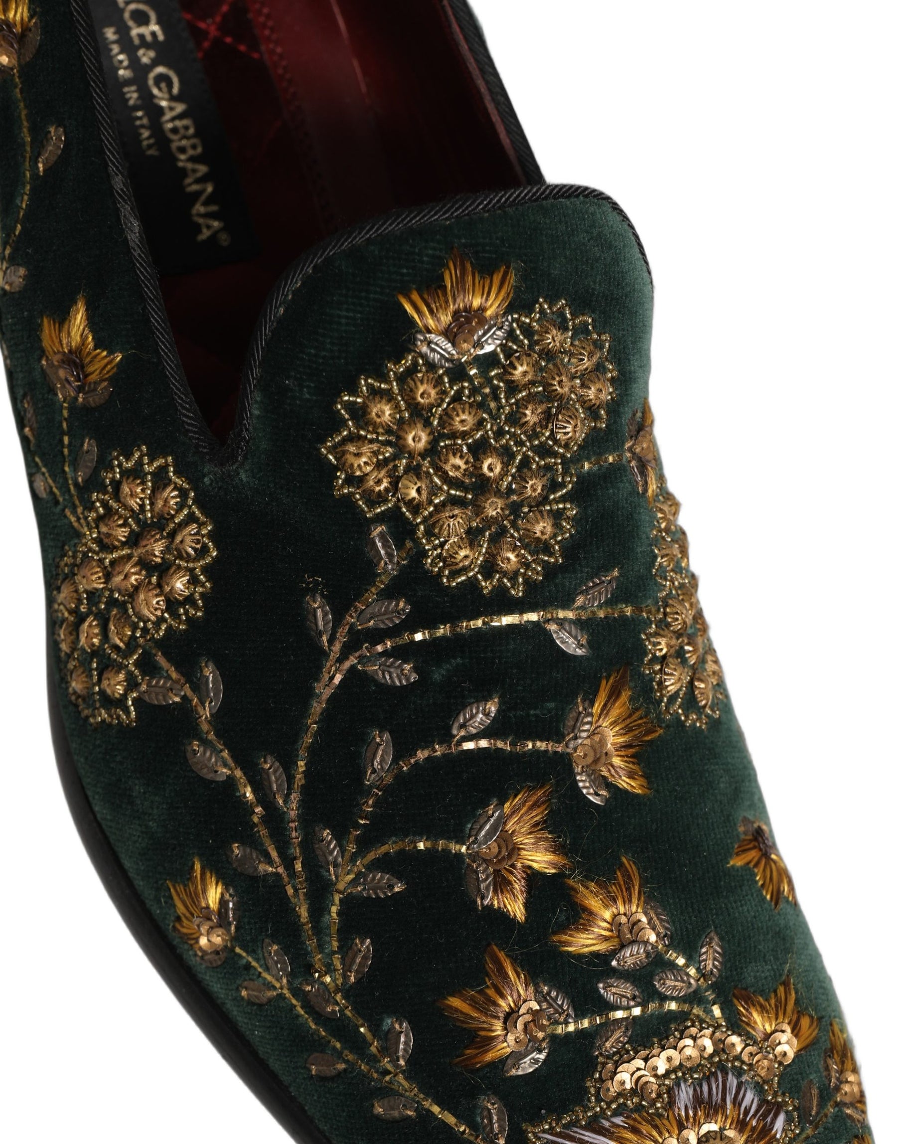 Dolce & Gabbana Green Floral Embroidery Dress Loafers Shoes | Regal Royce